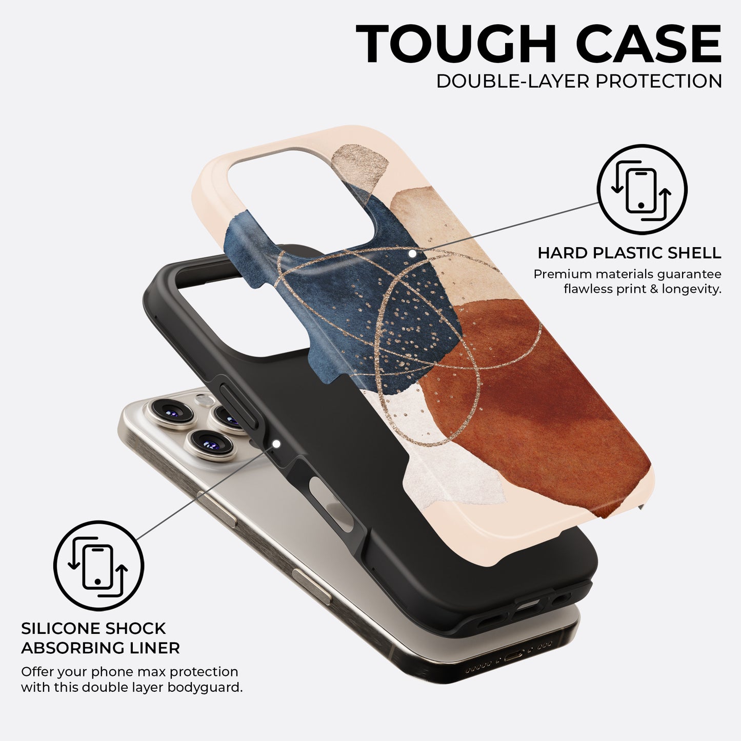 Abstract earthy geometric tough phone case showing hard plastic shell and silicone shock absorbing liner for double layer protection