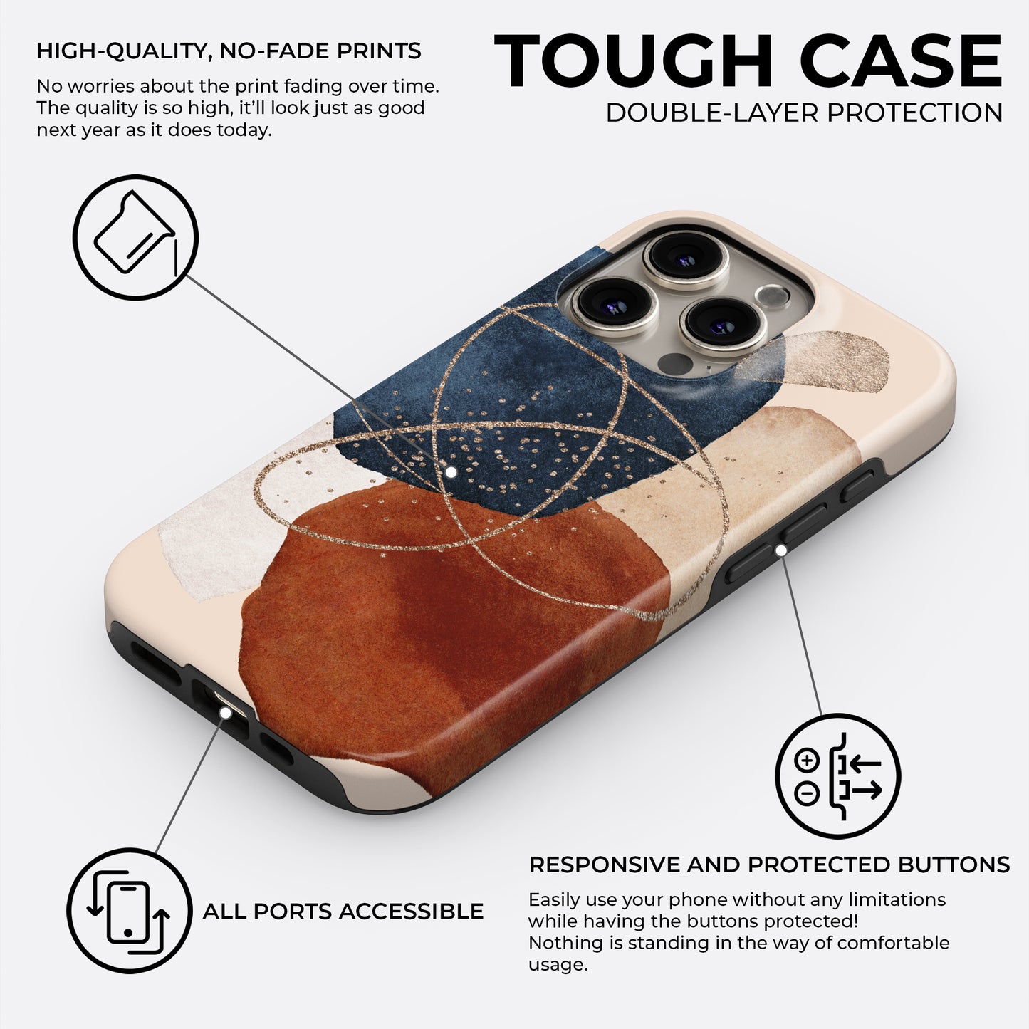 Abstract earthy geometric tough phone case featuring navy blue and terracotta shapes with high-quality no-fade print and double layer protection
