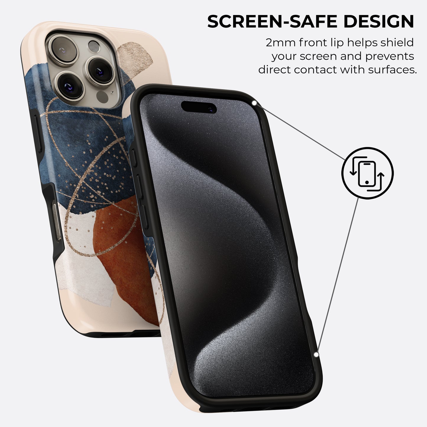 Abstract earthy geometric tough phone case with 2mm front lip screen-safe design protecting phone screen from direct surface contact
