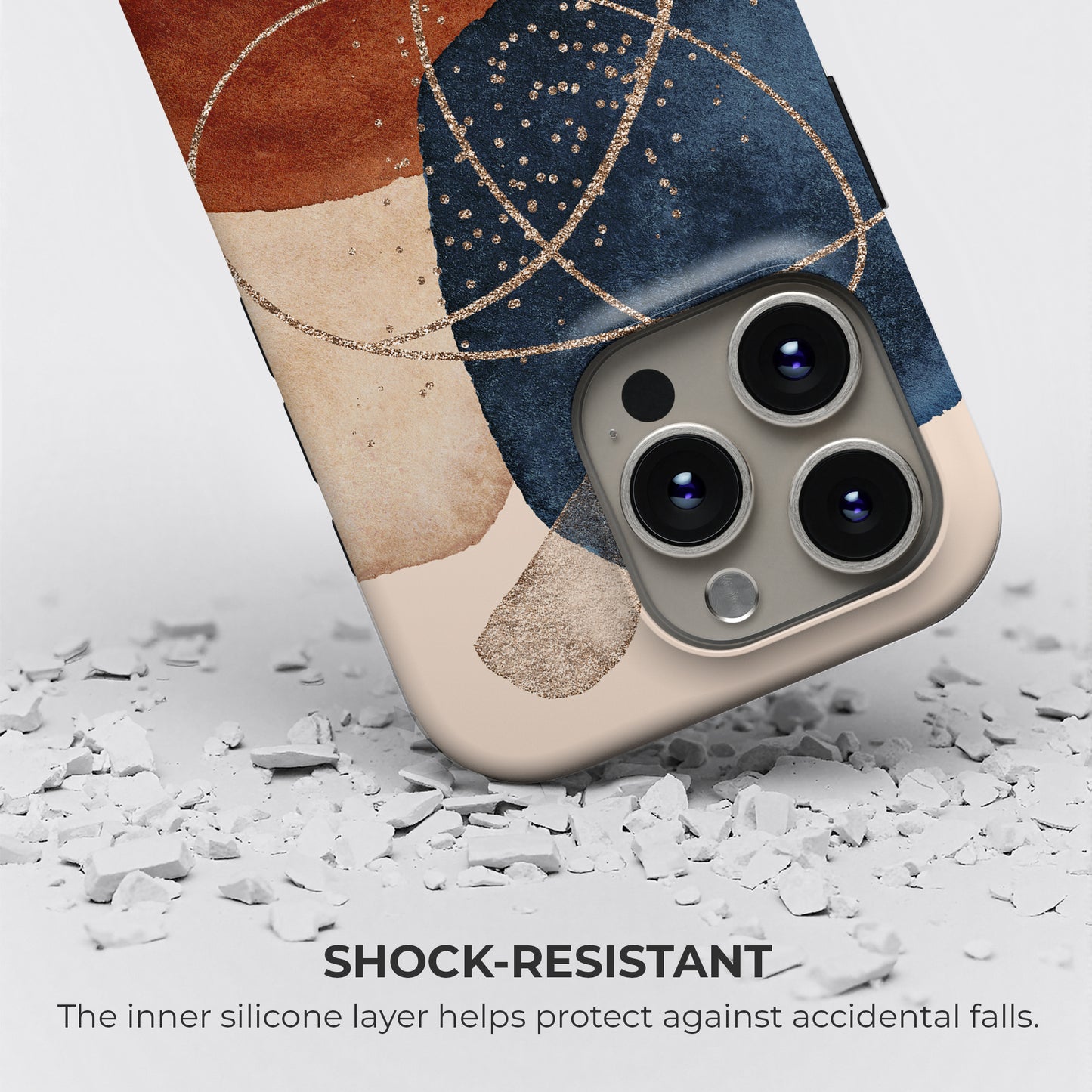 Abstract earthy geometric tough phone case with shock-resistant inner silicone layer providing protection against accidental drops and impacts