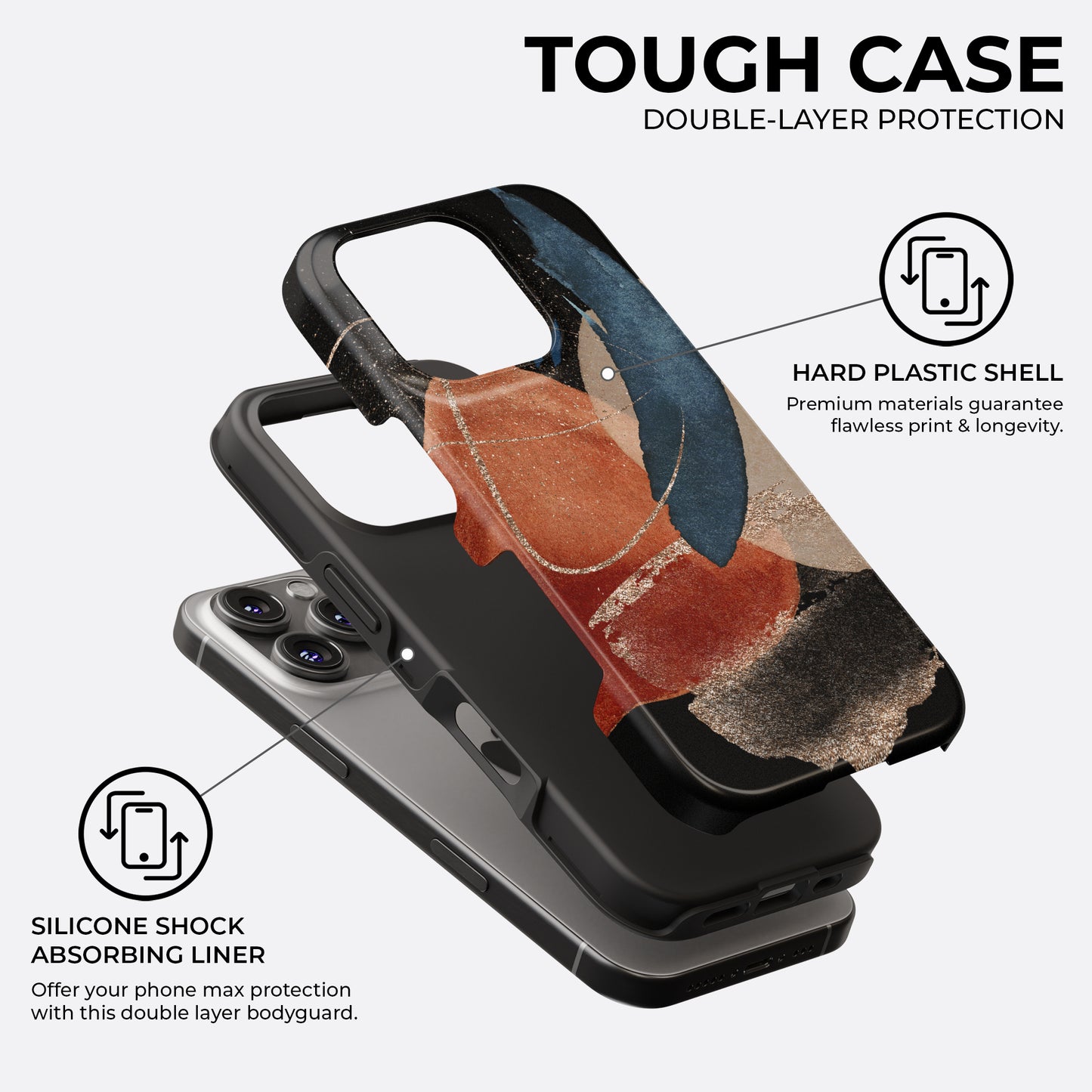 Abstract terracotta and navy blue tough phone case showing double-layer protection with hard plastic shell and silicone shock absorbing liner for maximum safety