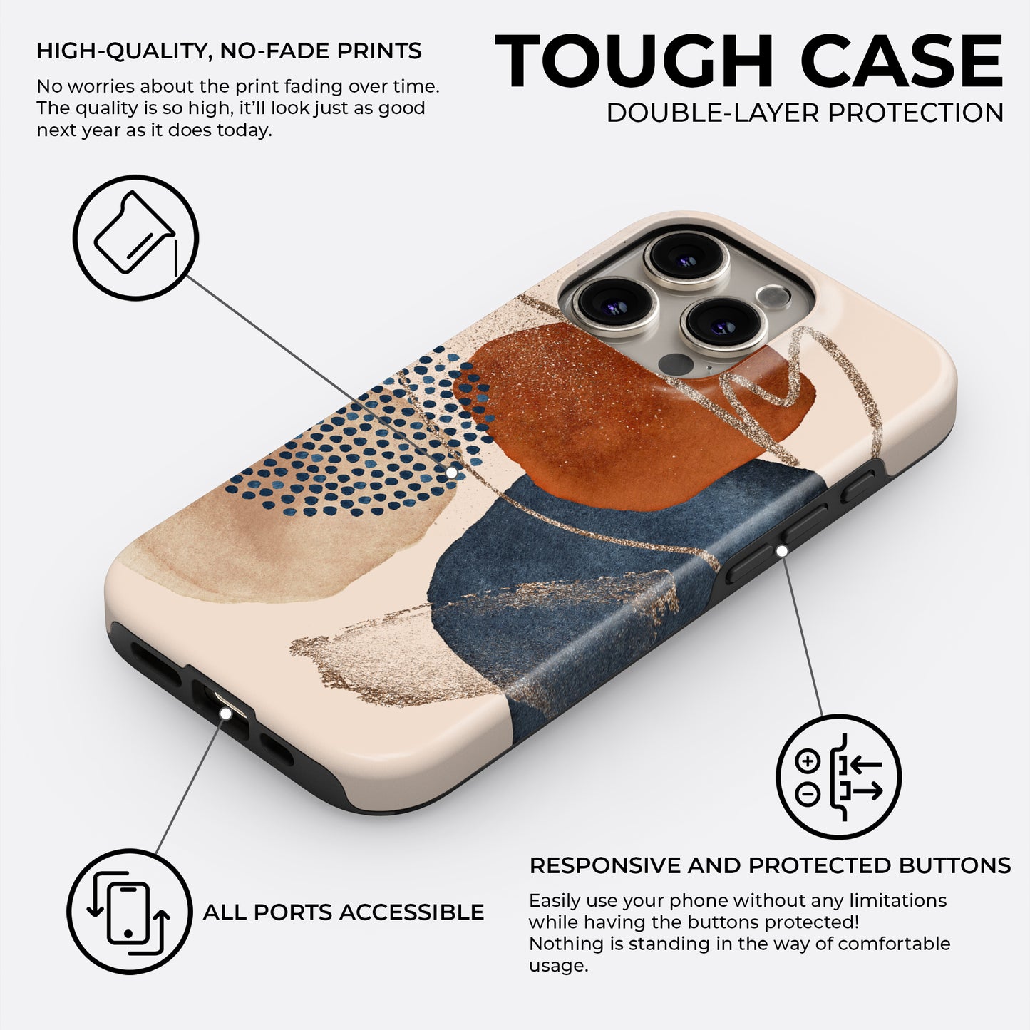 Abstract terracotta and navy blue tough phone case featuring double-layer protection with high-quality no-fade prints, responsive buttons, and precise port access
