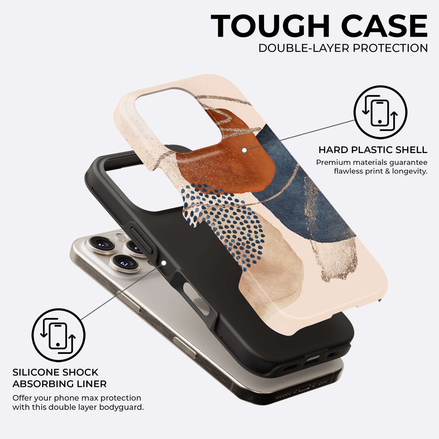 Abstract terracotta and navy blue tough phone case with double-layer protection showing hard plastic shell and silicone shock-absorbing liner for maximum drop resistance