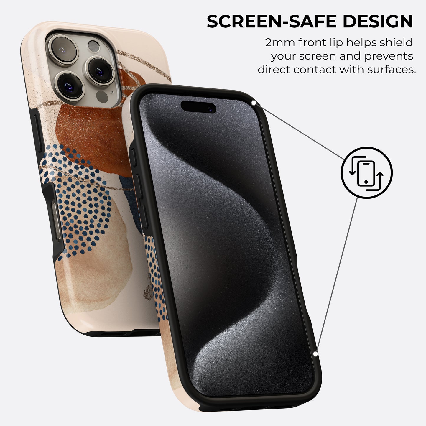 Abstract terracotta and navy blue tough phone case featuring 2mm raised front lip for screen protection, preventing direct contact with surfaces