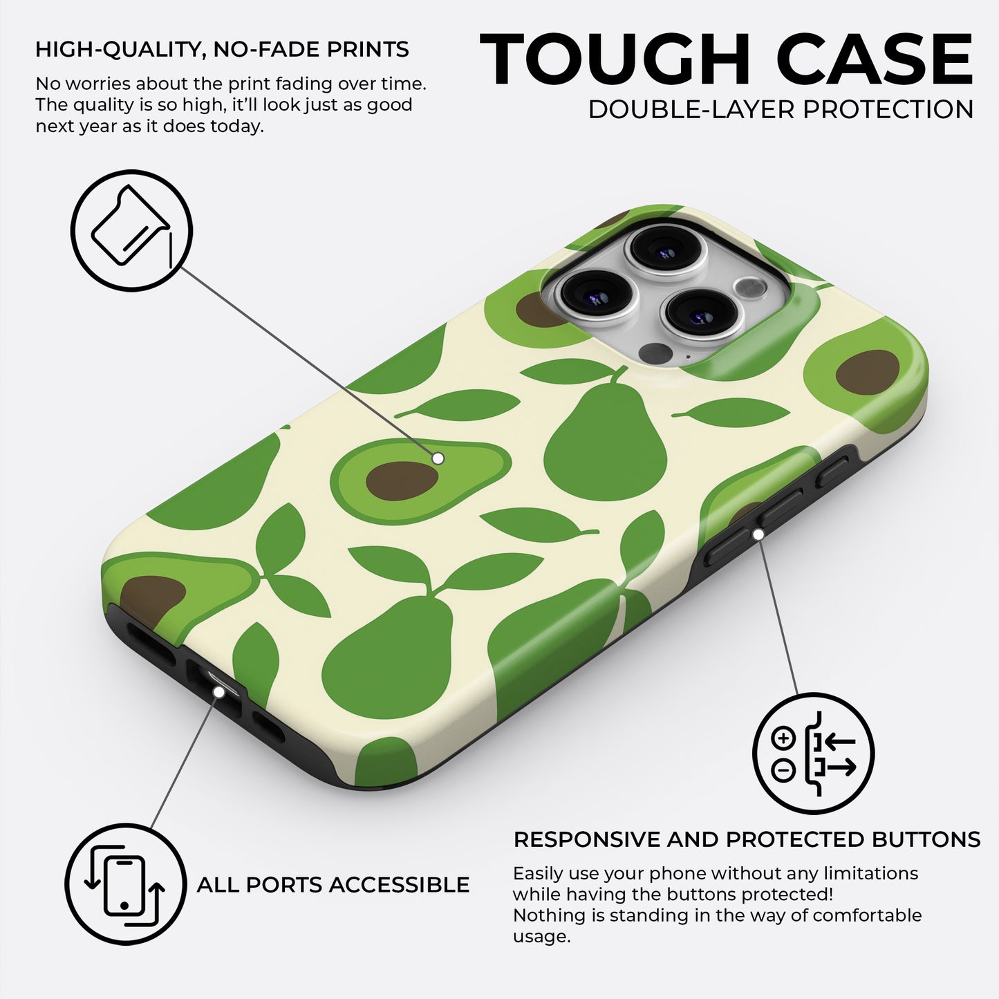 Avocado tough phone case with double-layer protection, featuring responsive buttons and high-quality no-fade print, by HaloCovers