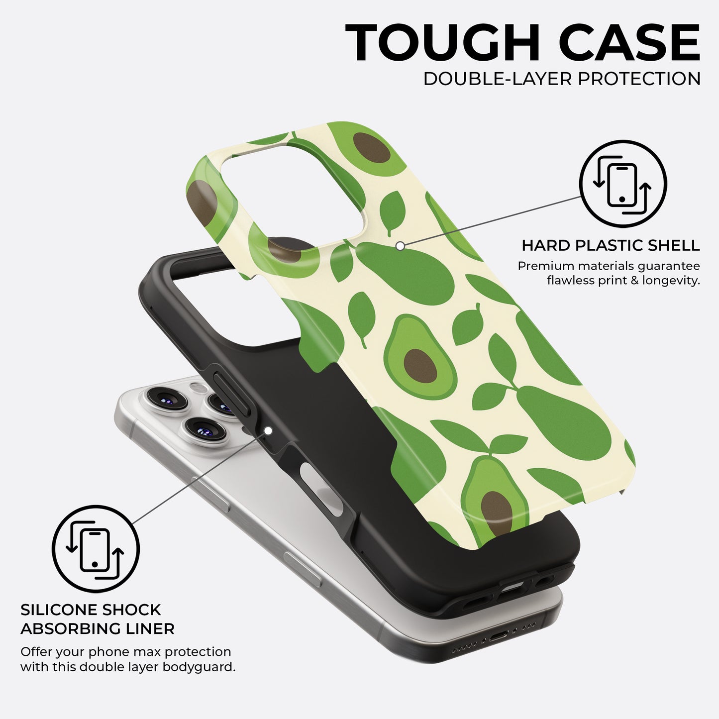Avocado tough phone case showing double-layer protection with hard plastic shell and silicone shock-absorbing liner, by HaloCovers