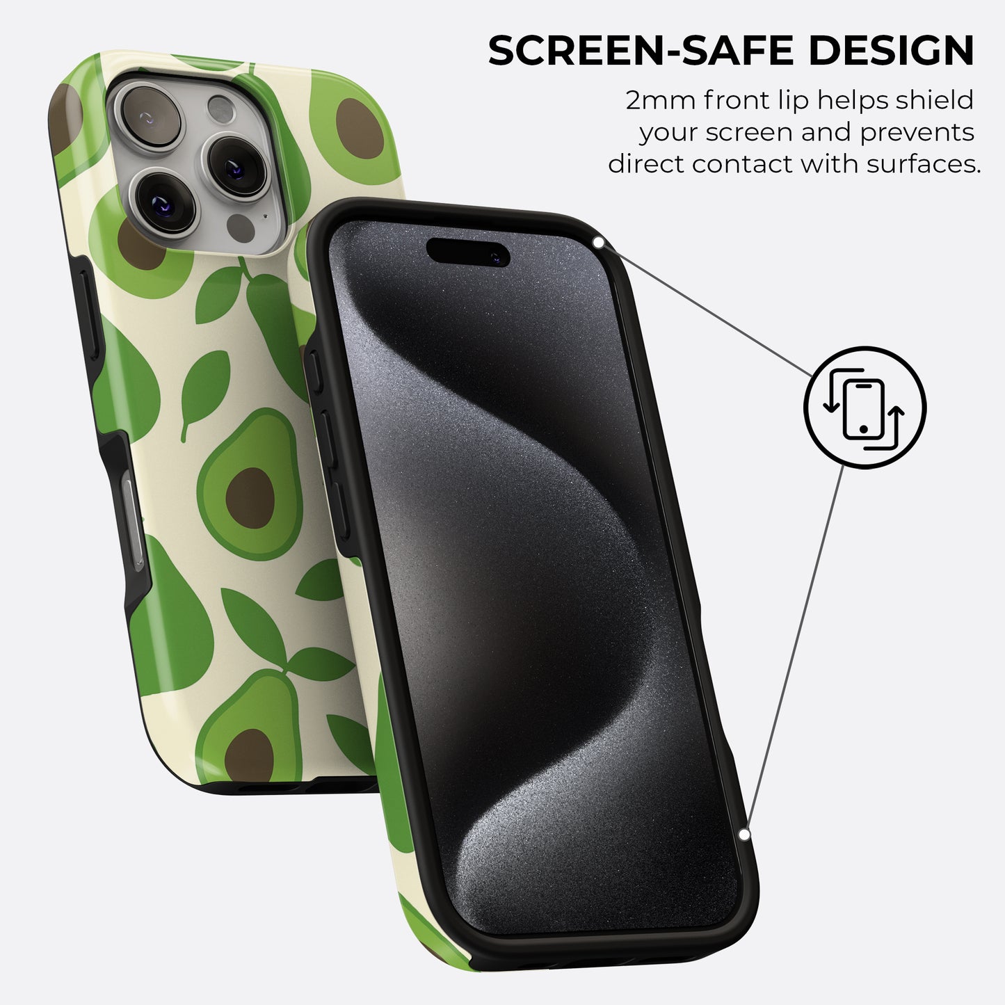Avocado tough phone case featuring a screen-safe design with raised front lip for added screen protection, by HaloCovers