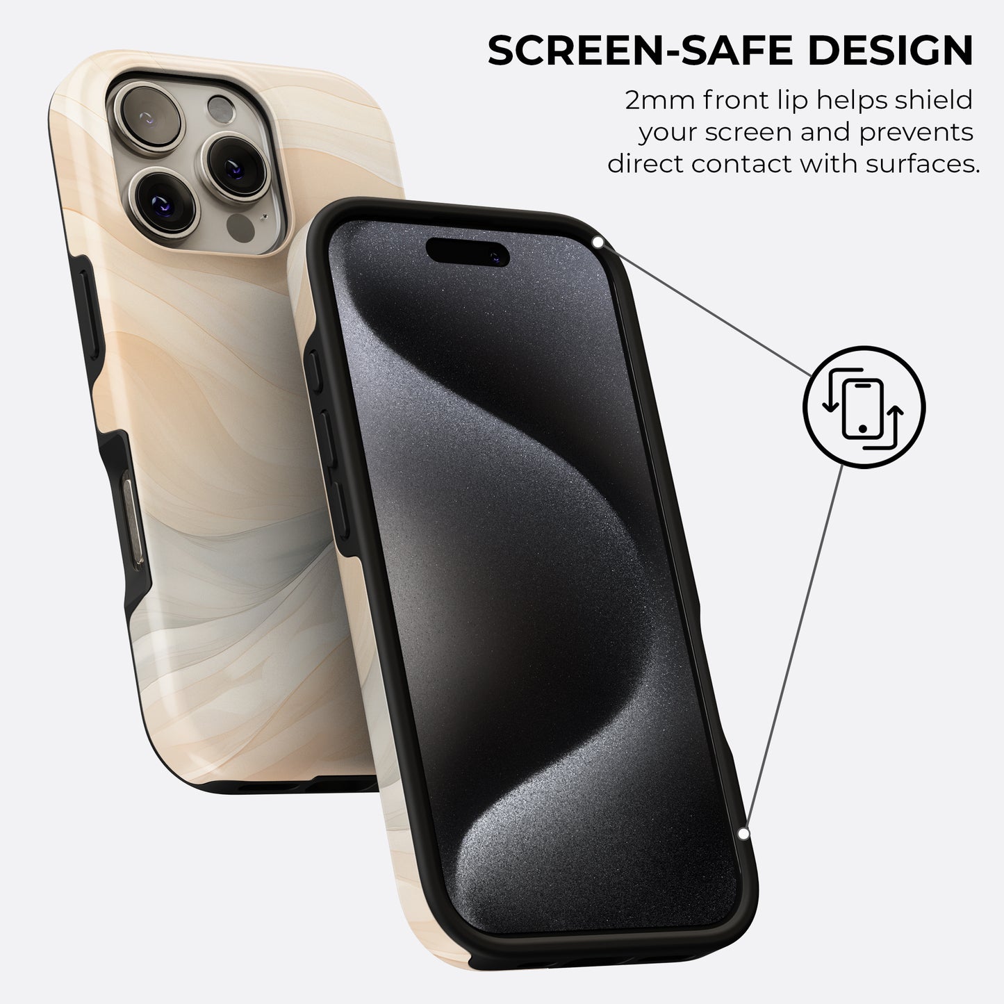 HaloCovers beige abstract swirl tough phone case with 2mm raised front lip for screen protection, designed for iPhone, Samsung Galaxy and Google Pixel