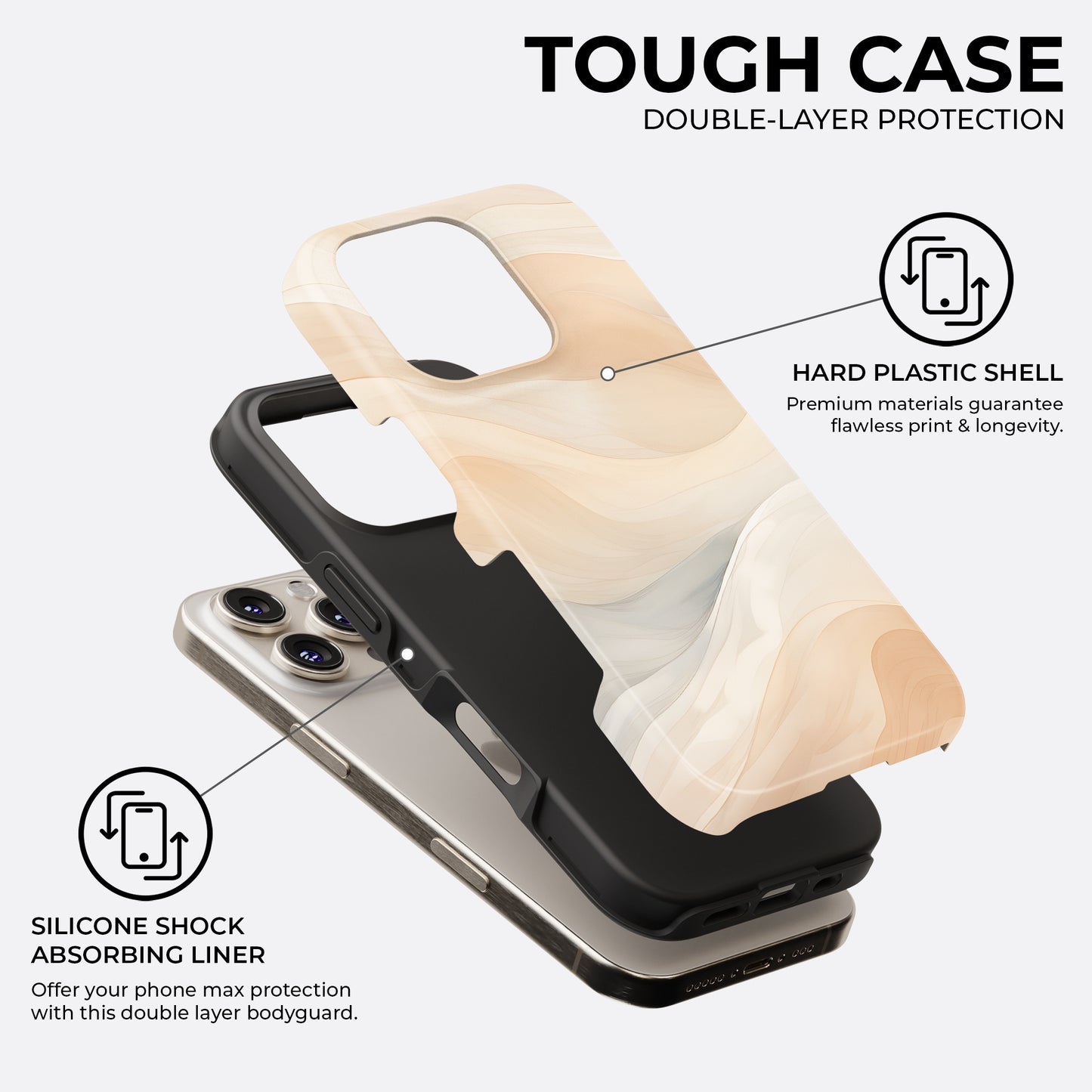 HaloCovers beige abstract swirl tough phone case with double-layer protection, hard plastic shell and silicone shock absorbing liner for iPhone, Samsung Galaxy and Google Pixel