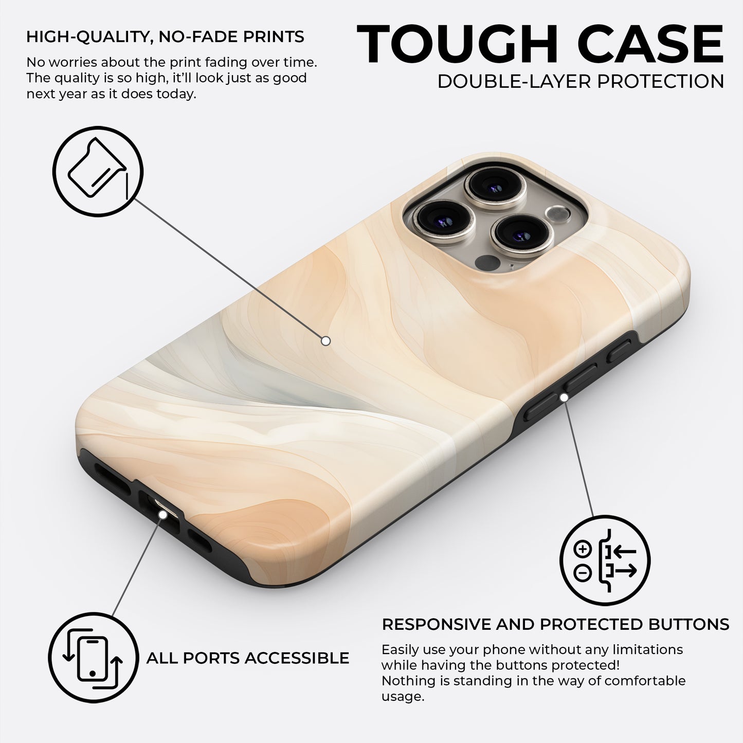 HaloCovers beige abstract swirl tough case with double-layer protection, high-quality no-fade print, shock absorbing liner, and full port accessibility for iPhone, Samsung Galaxy and Google Pixel