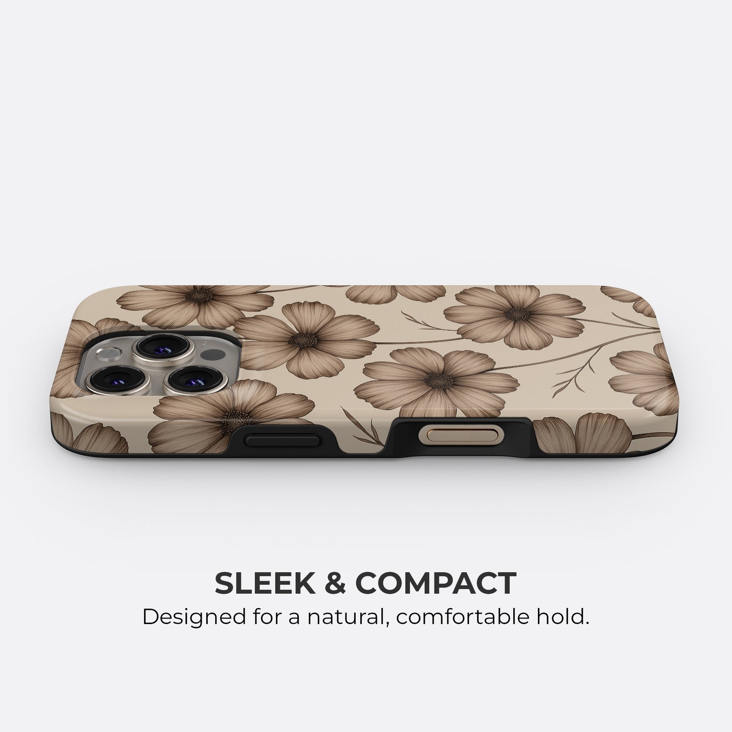 Beige floral phone case with elegant brown flowers, sleek and compact design for a comfortable hold, durable protection case by Casiden