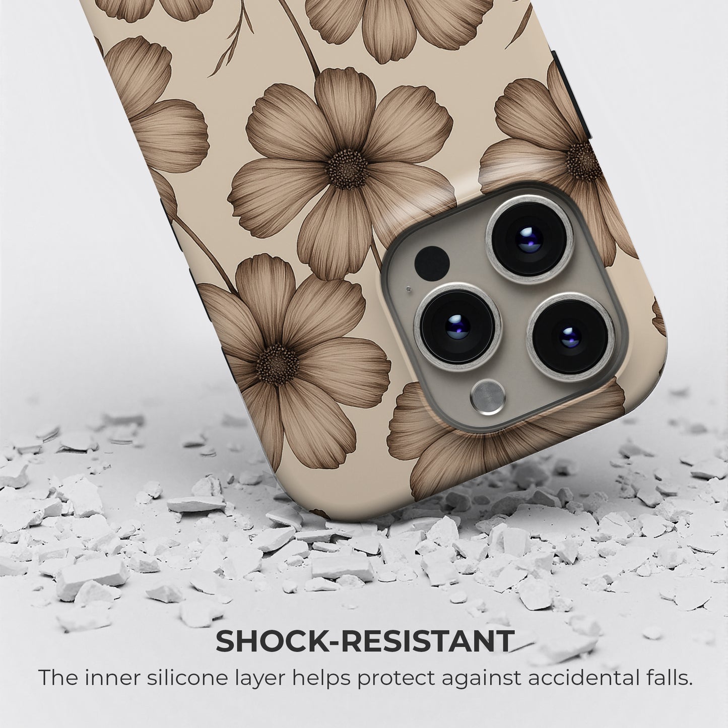 Beige floral phone case with brown flower pattern, shock-resistant design featuring inner silicone layer for drop protection, by Casiden
