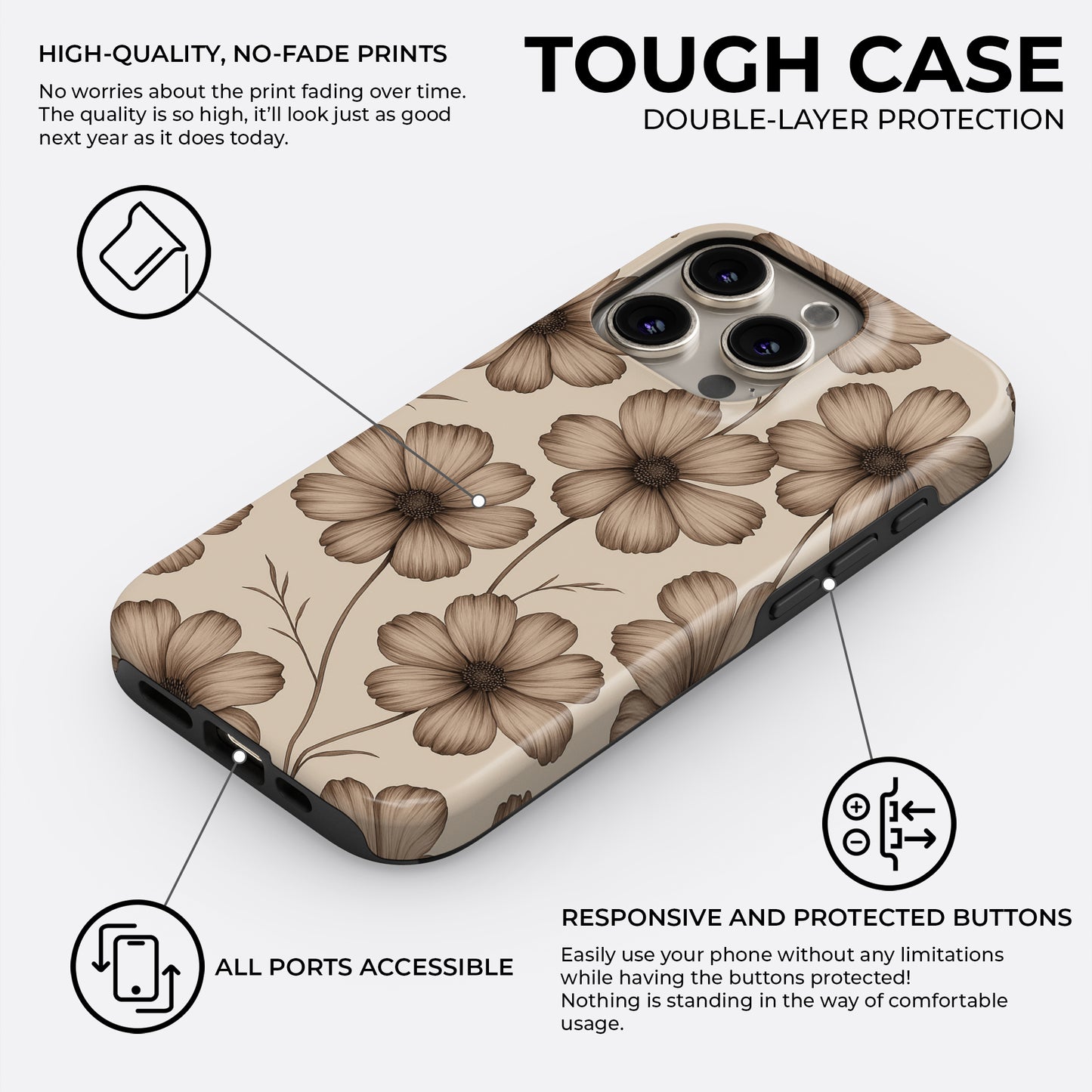 Beige floral tough phone case with double-layer protection, featuring large vintage flowers on a neutral background and durable print quality, by Casiden
