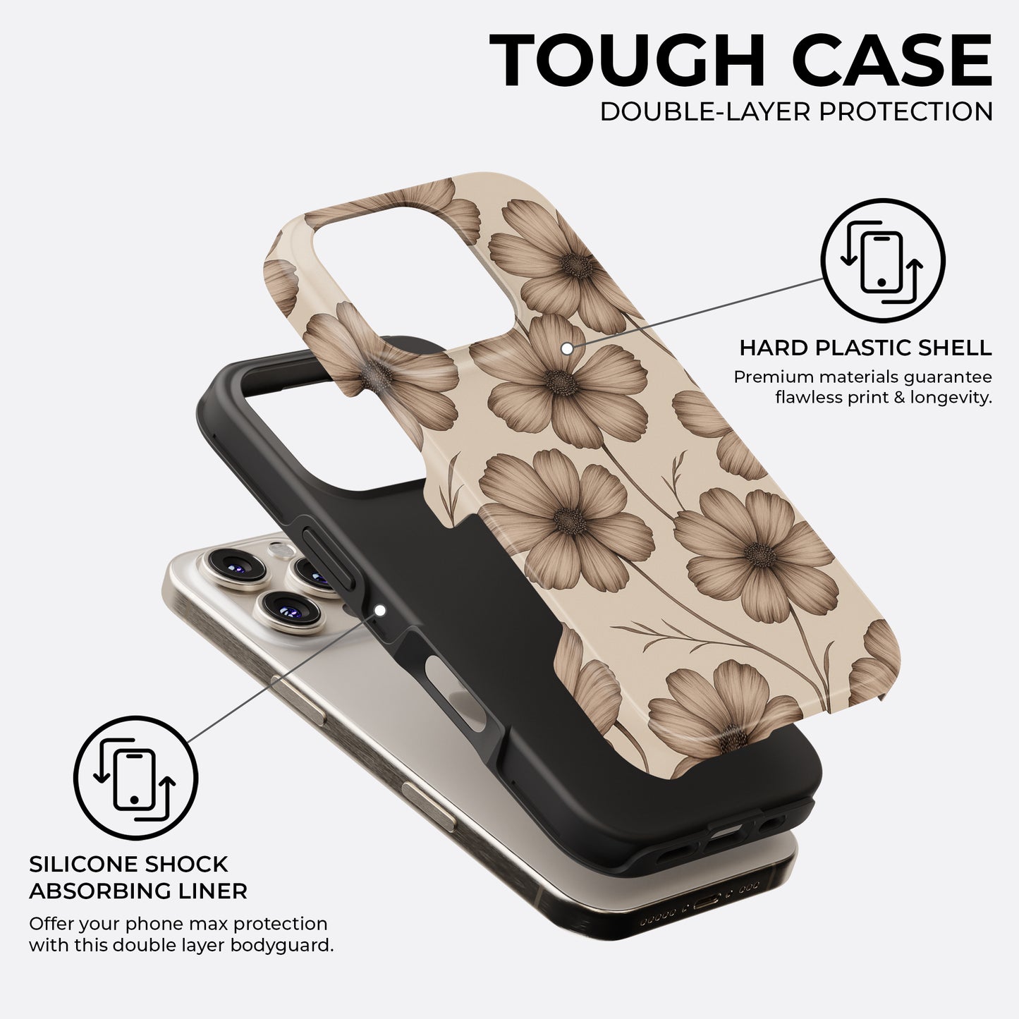 Beige floral tough phone case with double-layer protection showing hard plastic shell and silicone shock-absorbing liner, elegant flower design by Casiden