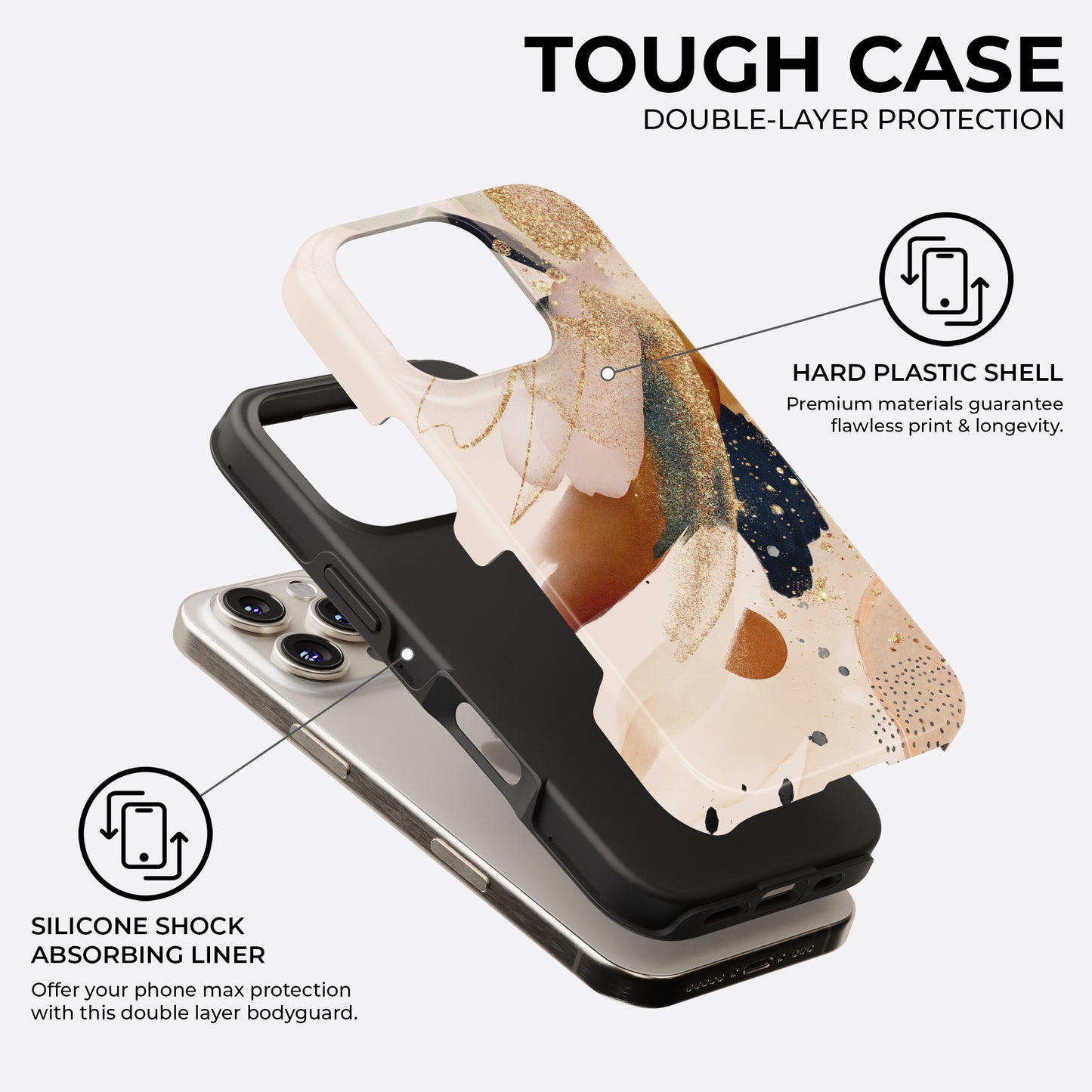 Beige and gold abstract brush tough phone case showing double-layer protection with hard plastic shell and silicone shock absorbing liner