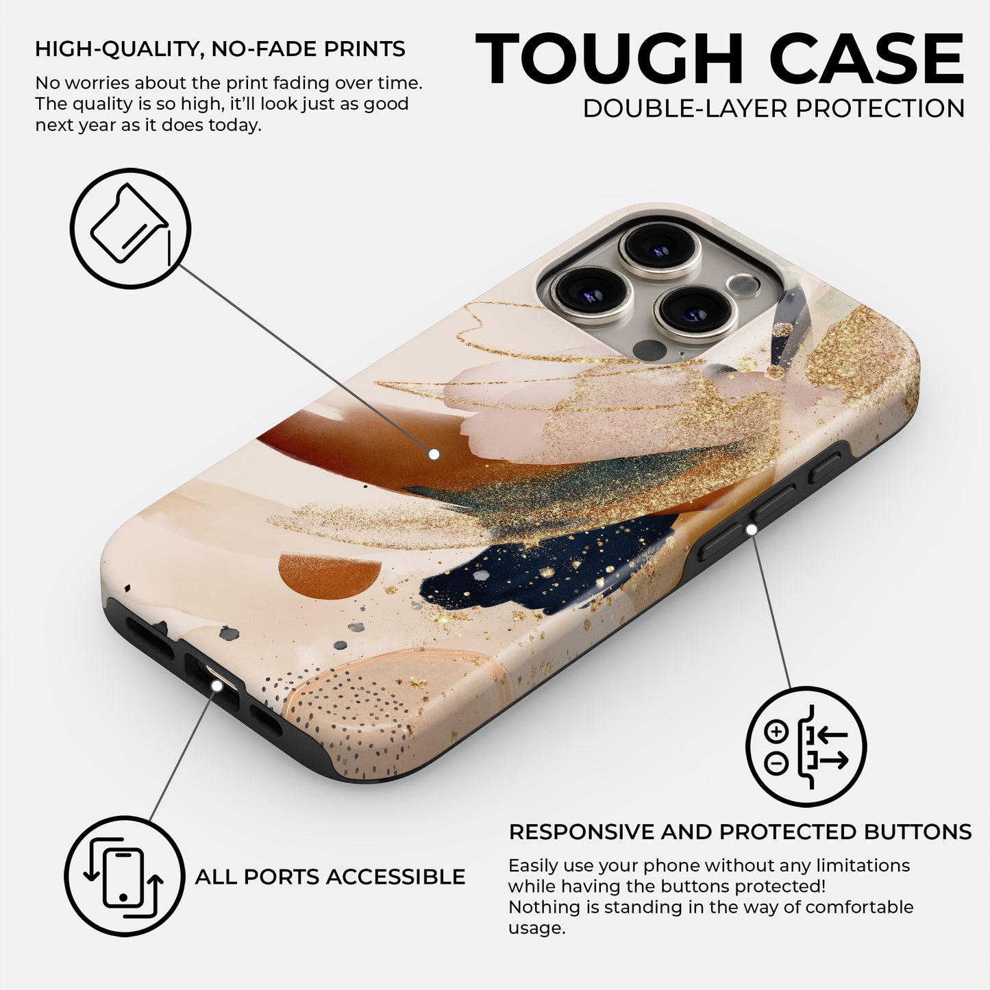 Beige and gold abstract brush tough phone case with double-layer protection, responsive buttons, and accessible ports for everyday durability