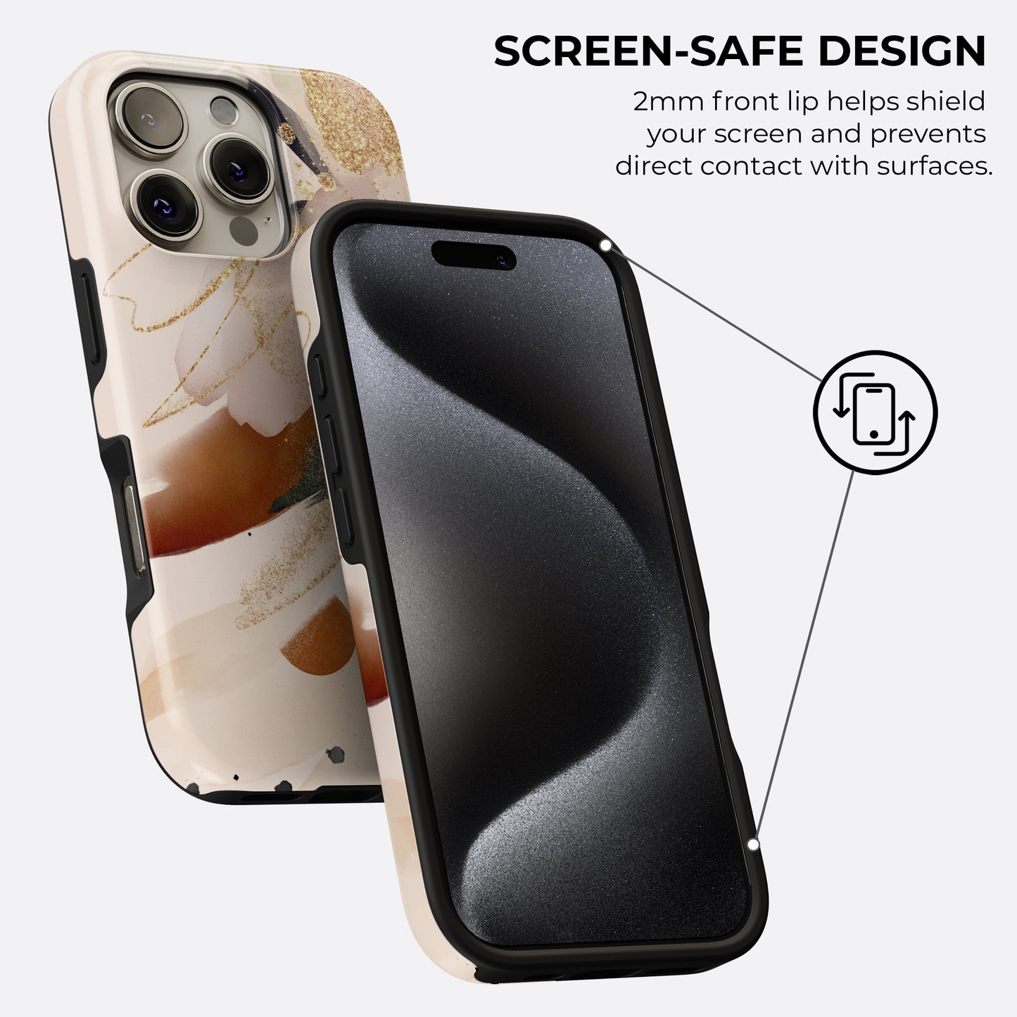 Beige and gold abstract brush tough phone case featuring 2mm raised front lip for screen-safe design and extra protection from surface contact