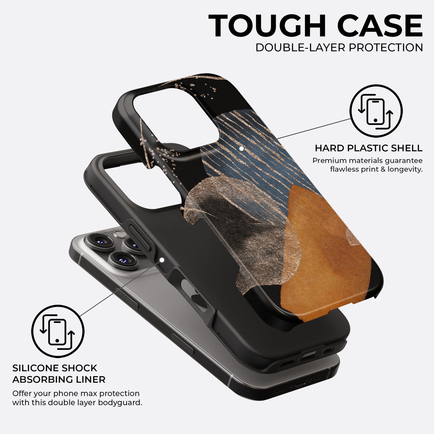 Black and gold abstract texture tough phone case showing double-layer protection with hard plastic shell and silicone shock-absorbing liner