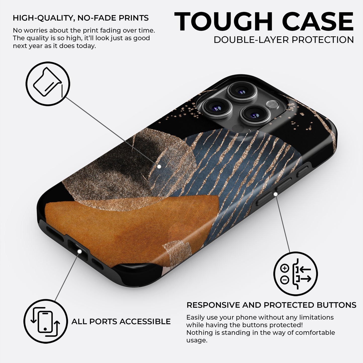 Black and gold abstract texture tough phone case featuring high-quality no-fade print, responsive buttons, and double-layer protection