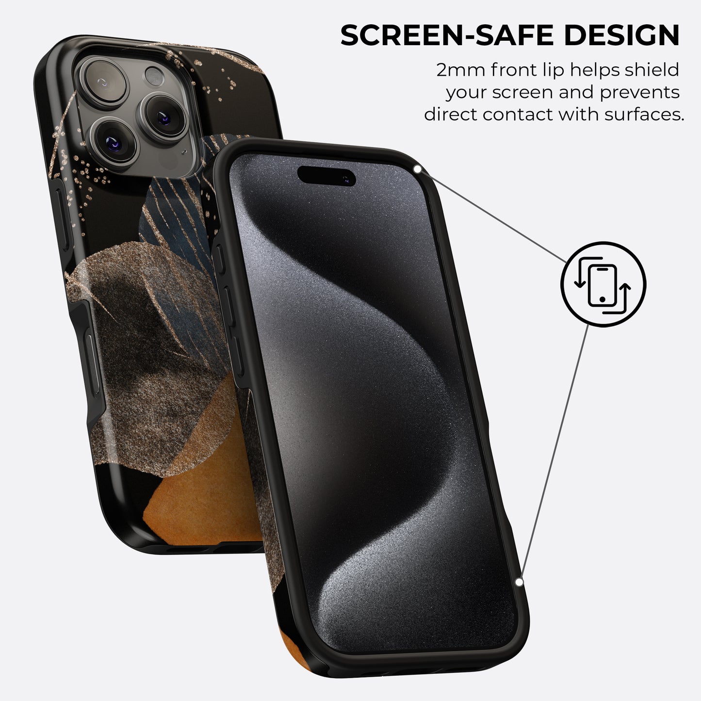 Black and gold abstract texture tough phone case featuring 2mm front lip for screen-safe design and protective raised edges