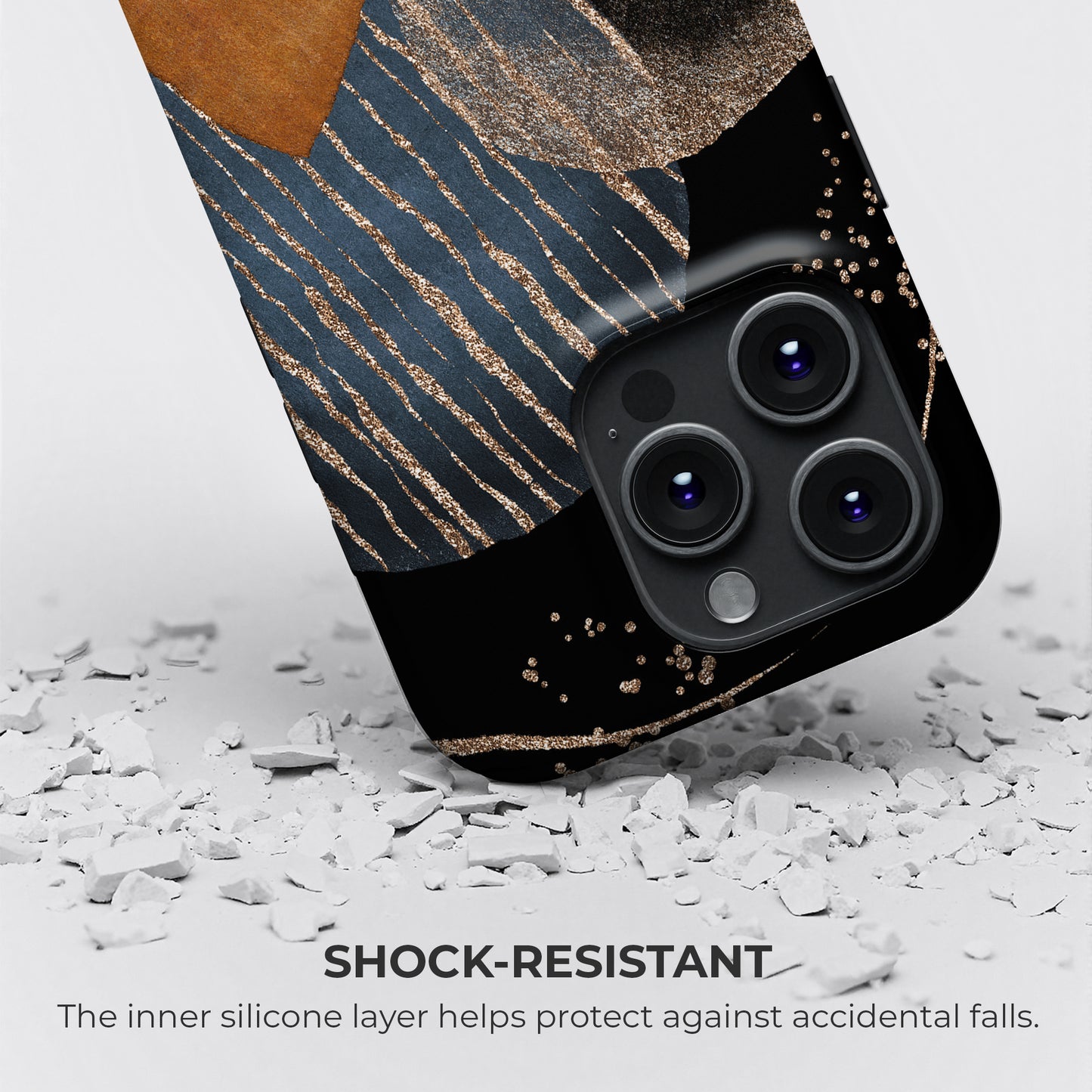 Black and gold abstract texture tough phone case with inner silicone layer providing shock resistance and drop protection
