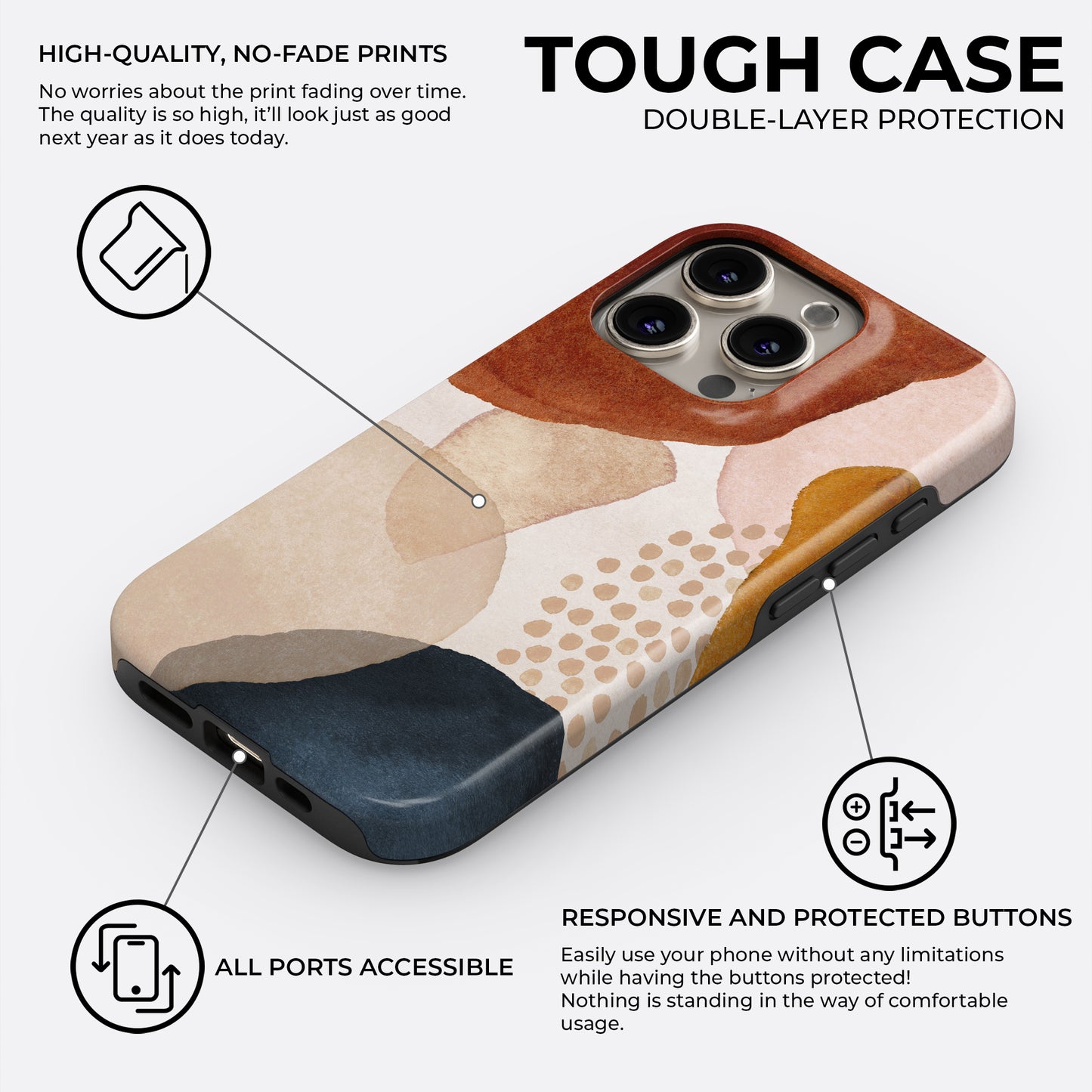 Boho abstract multicolor dots tough phone case with double layer protection and high quality no fade prints