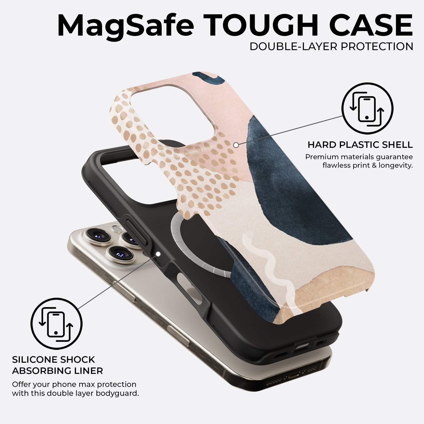 Boho abstract navy and beige MagSafe tough phone case showing double layer protection with hard plastic shell and silicone shock absorbing liner