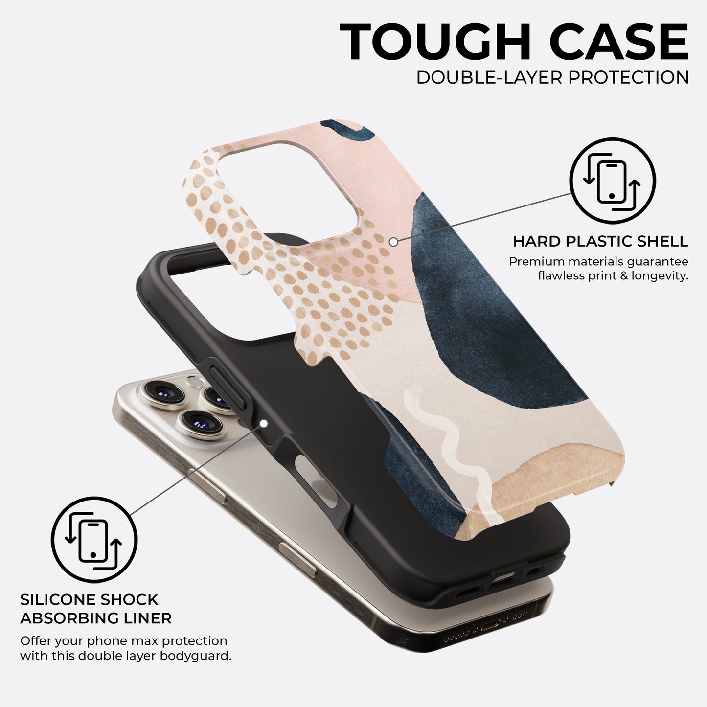 Boho abstract navy and beige tough phone case showing double layer protection with hard plastic shell and silicone shock absorbing liner