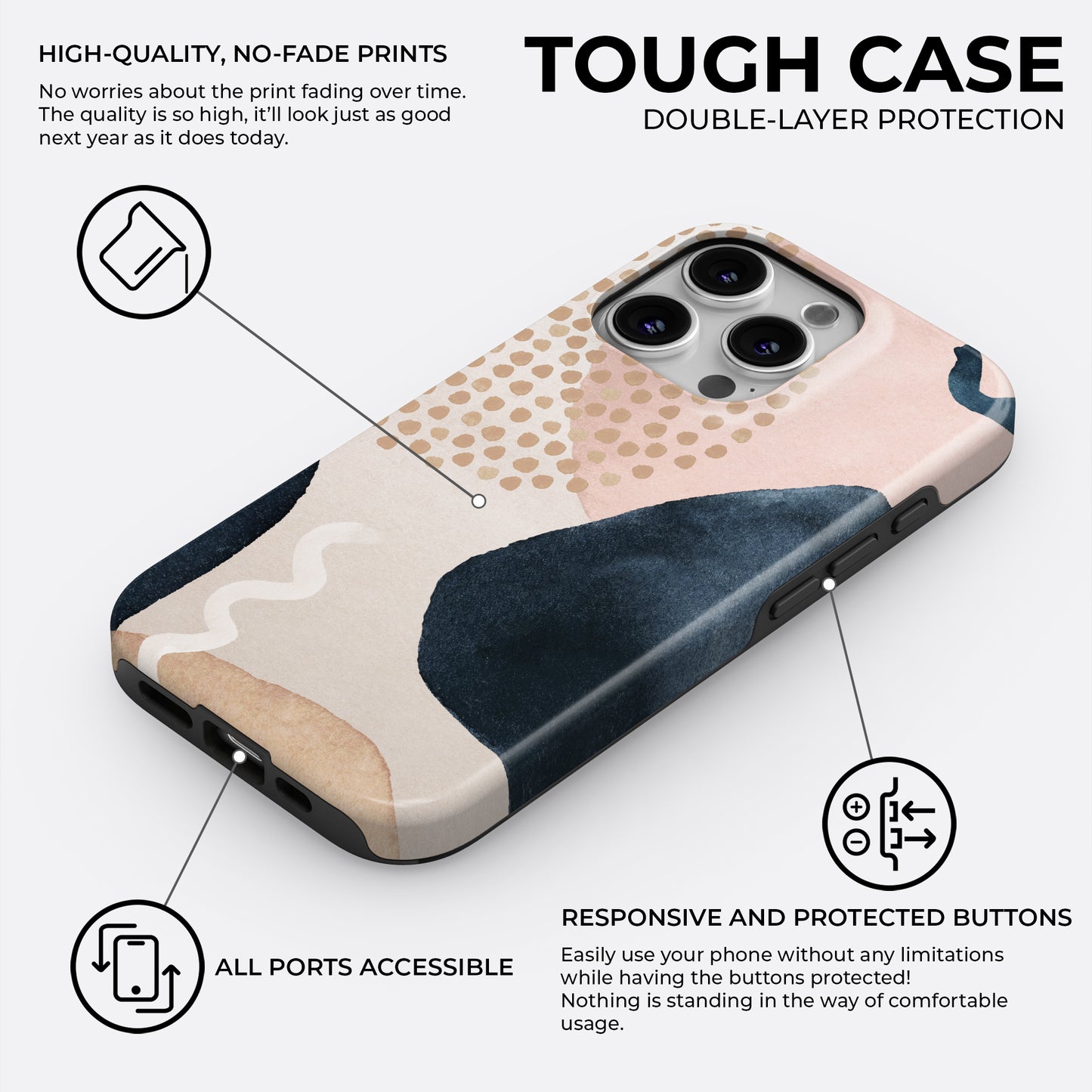 Boho abstract navy and beige tough phone case with high quality no fade print, double layer protection and responsive protected buttons