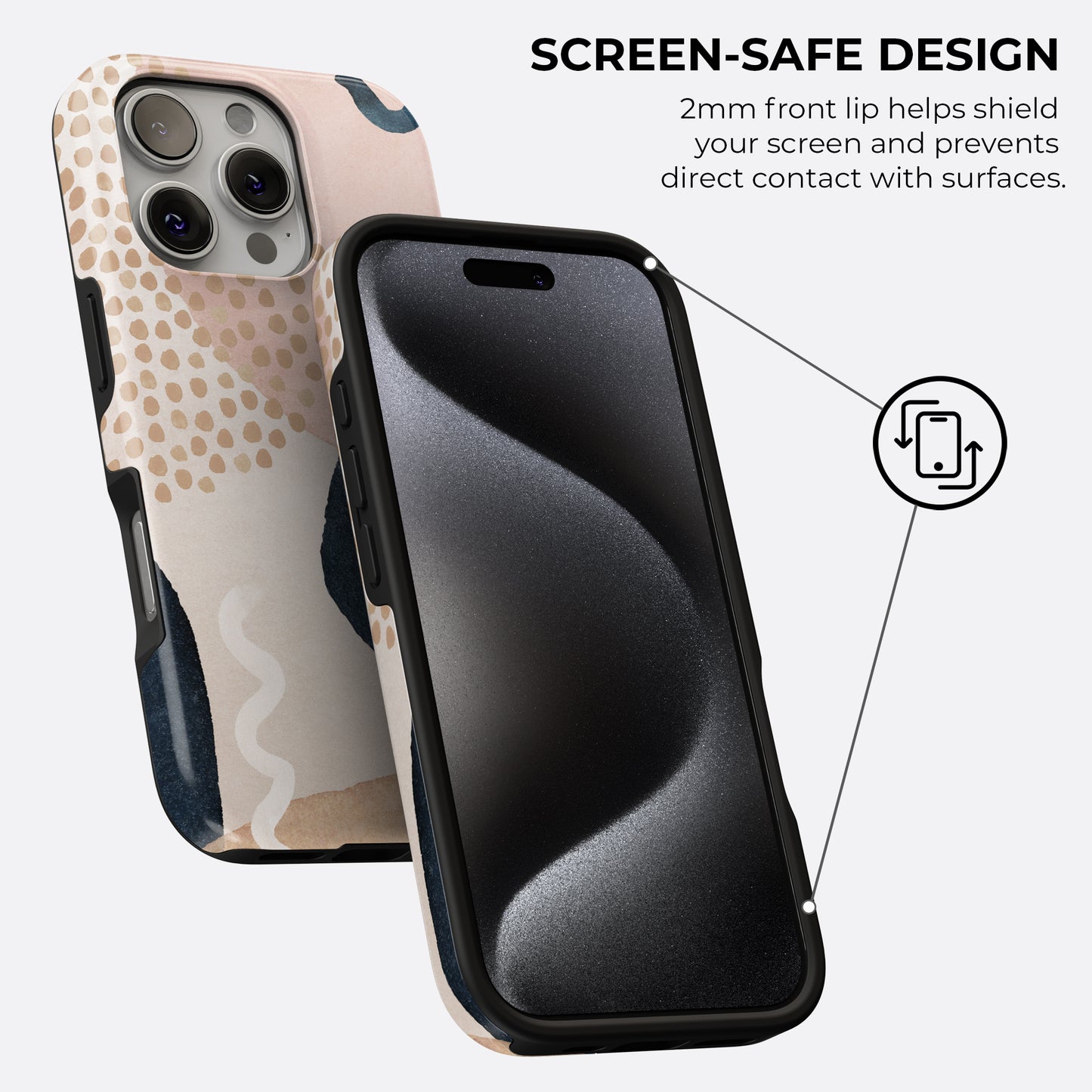 Boho abstract navy and beige tough phone case with 2mm front lip screen safe design to prevent direct contact and protect your display from scratches