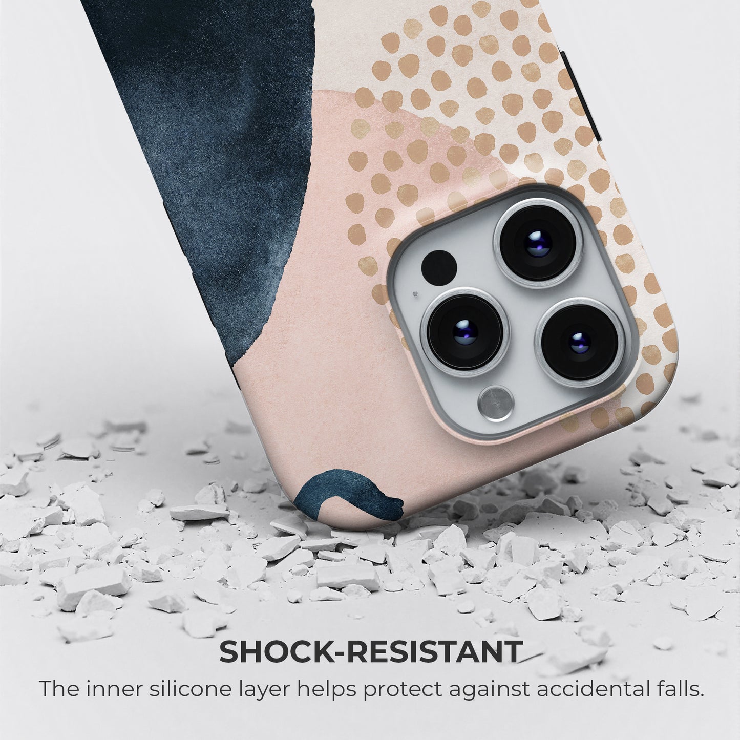 Boho abstract navy and beige tough phone case showing shock resistant design with inner silicone layer for drop protection and durability
