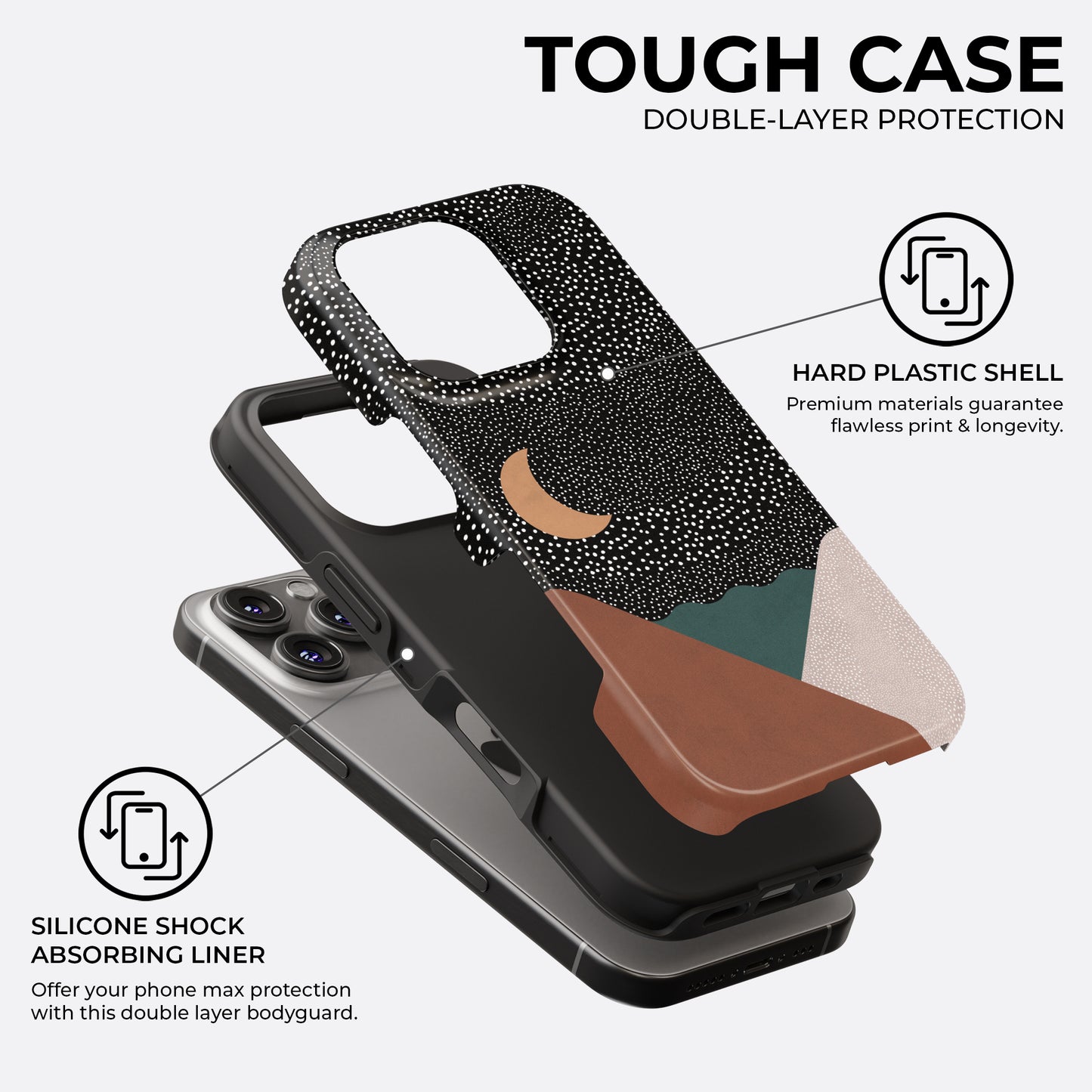 Geometric night sky abstract tough phone case with moon and stars design showing hard plastic shell and silicone shock absorbing liner for double-layer protection