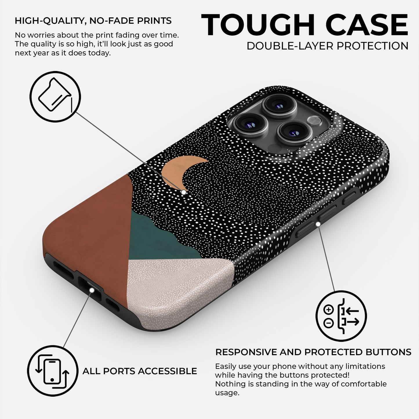 Geometric night sky abstract tough phone case with moon and stars design, showing double-layer protection, durable print, and protected buttons