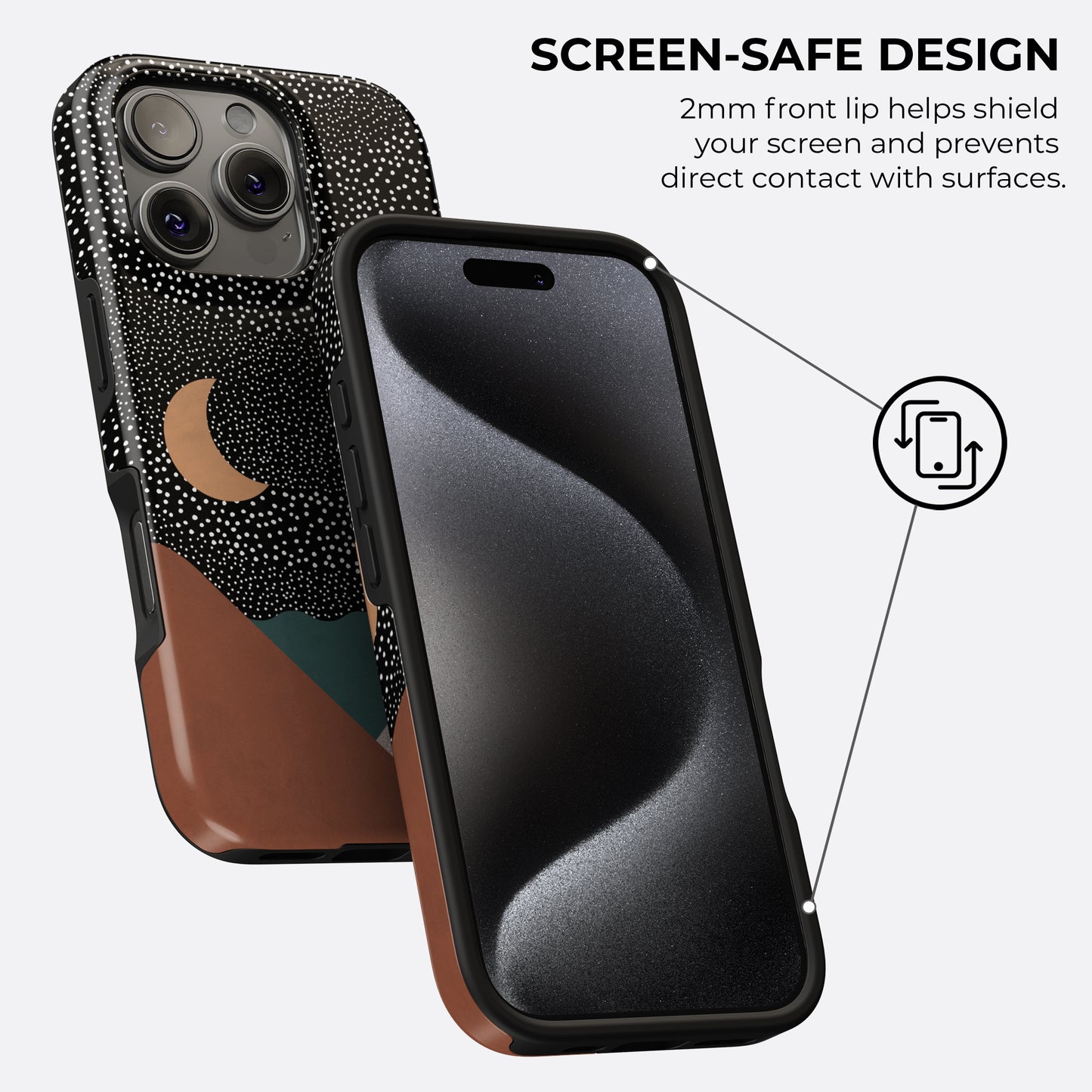 Geometric night sky abstract tough phone case with moon and stars design featuring 2mm raised front lip for screen protection and shock-absorbing edges