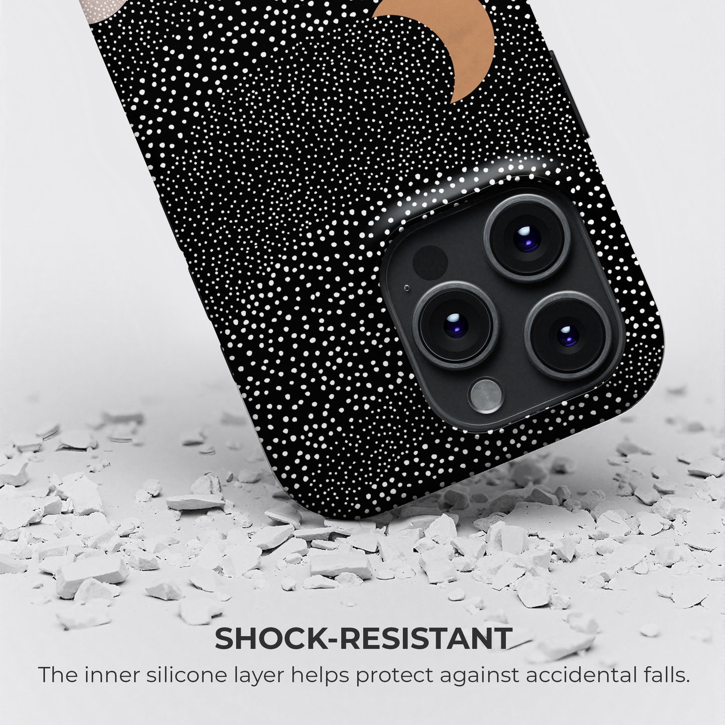 Geometric night sky abstract tough phone case with moon design showing shock-resistant protection and inner silicone liner that guards against drops and impacts
