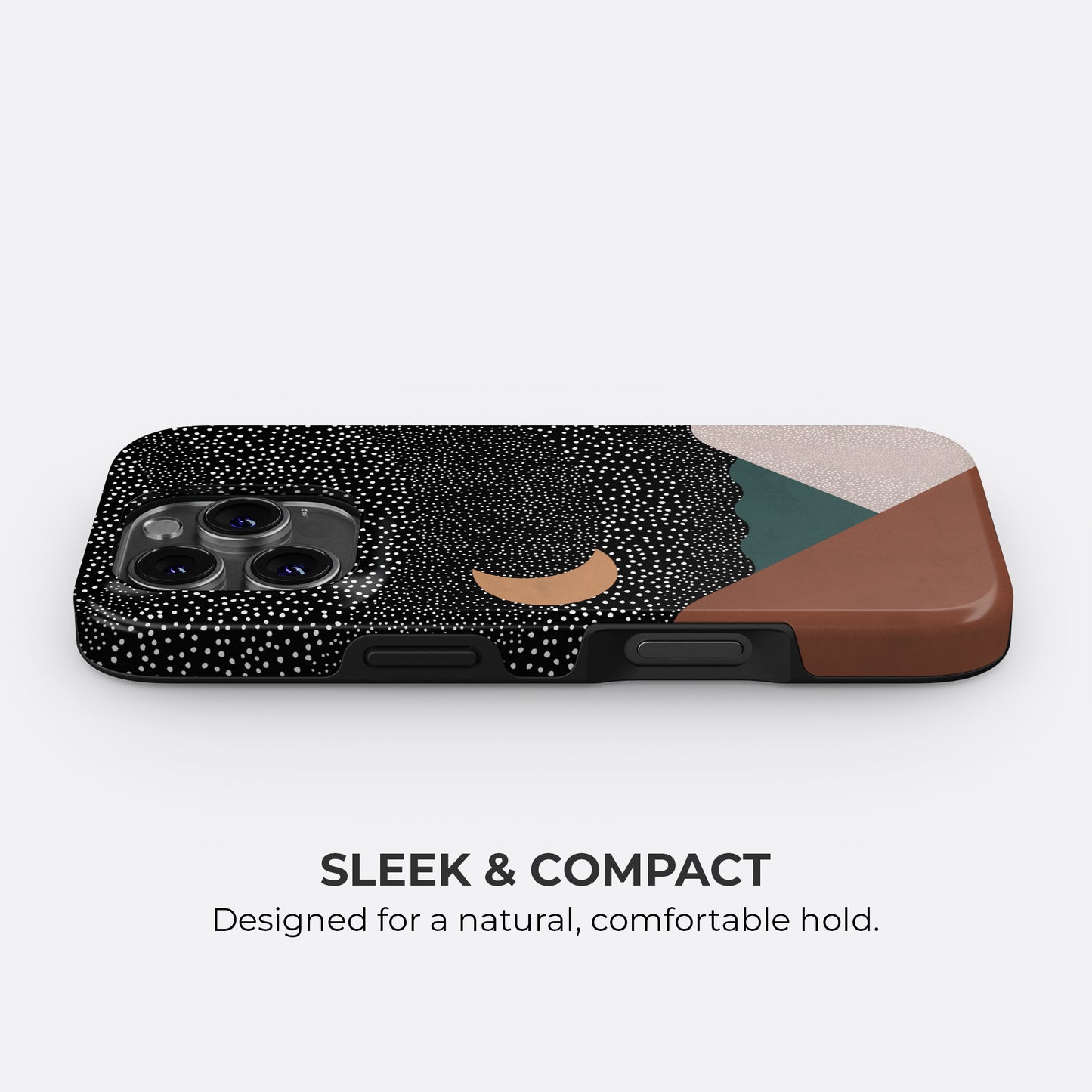 Geometric night sky abstract tough phone case with moon design shown lying flat, featuring slim and compact profile for a natural comfortable hold