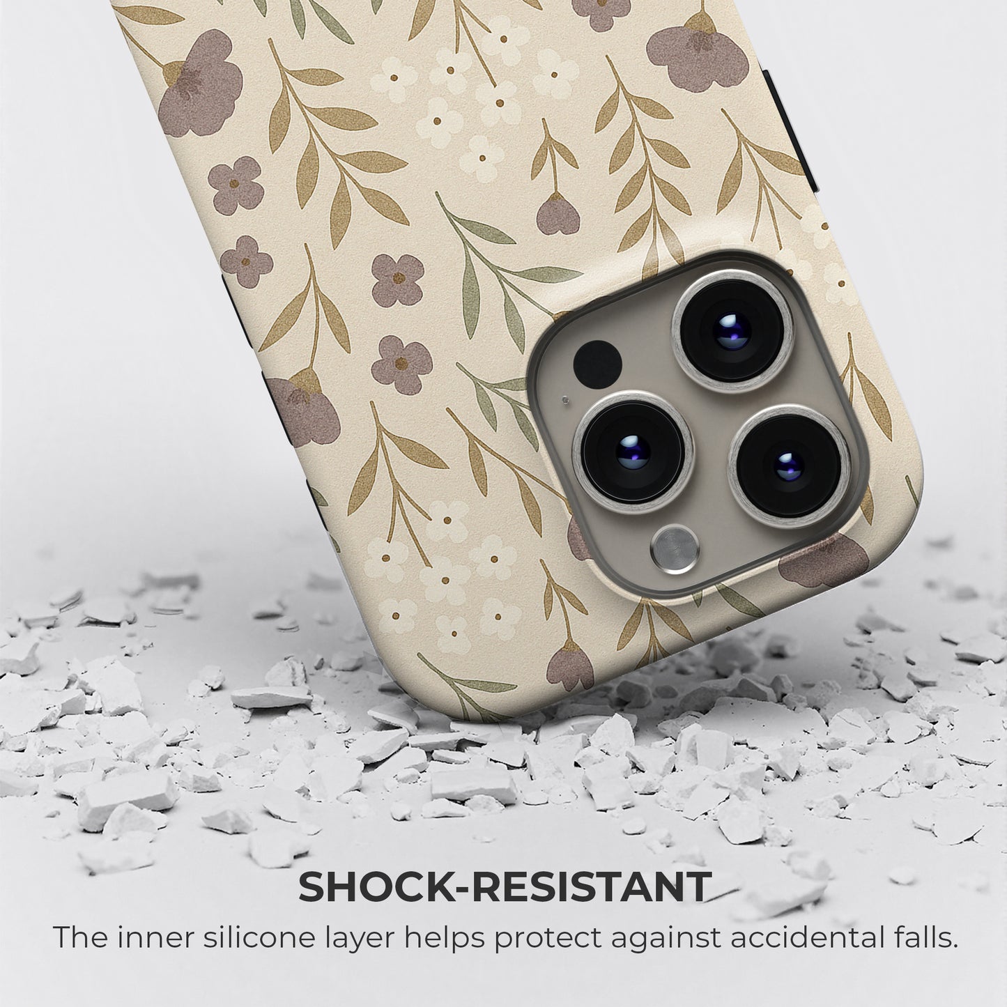 Beige floral iPhone tough case with shock-resistant silicone layer for extra drop protection