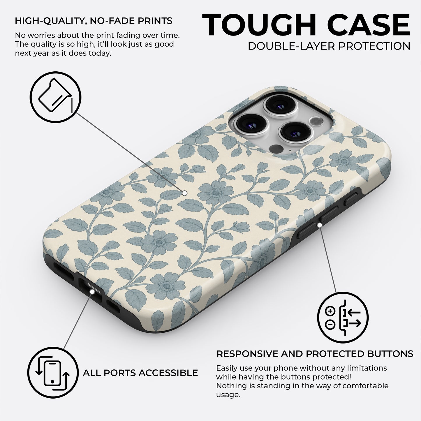Blue floral and leaf pattern iPhone tough case on cream background, with double-layer protection and high-quality no-fade print by HaloCovers