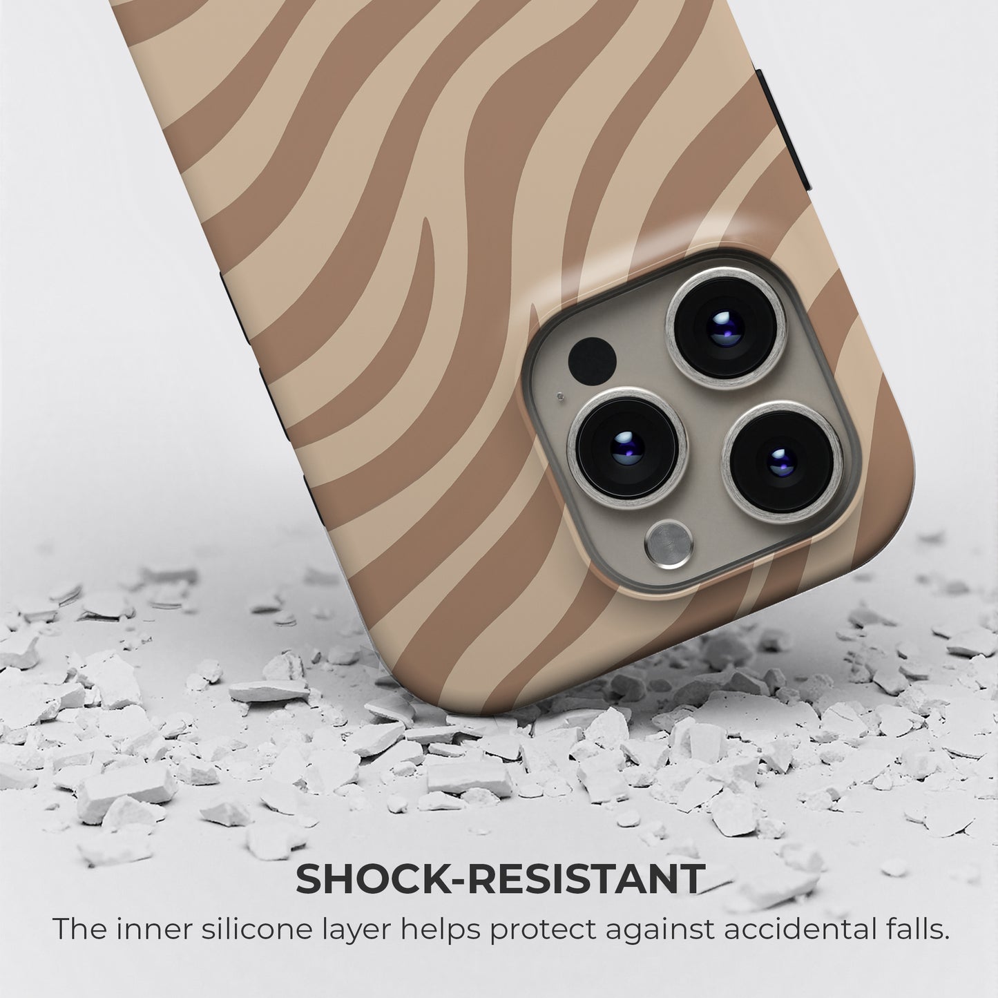 Shock-resistant brown and beige wavy abstract iPhone tough case with silicone layer for drop protection by HaloCovers