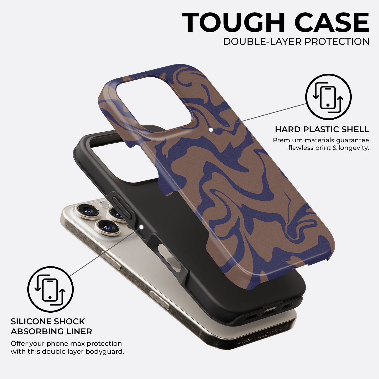 Brown and navy abstract design tough phone case by HaloCovers featuring durable double-layer protection with hard plastic shell and silicone shock absorbing liner