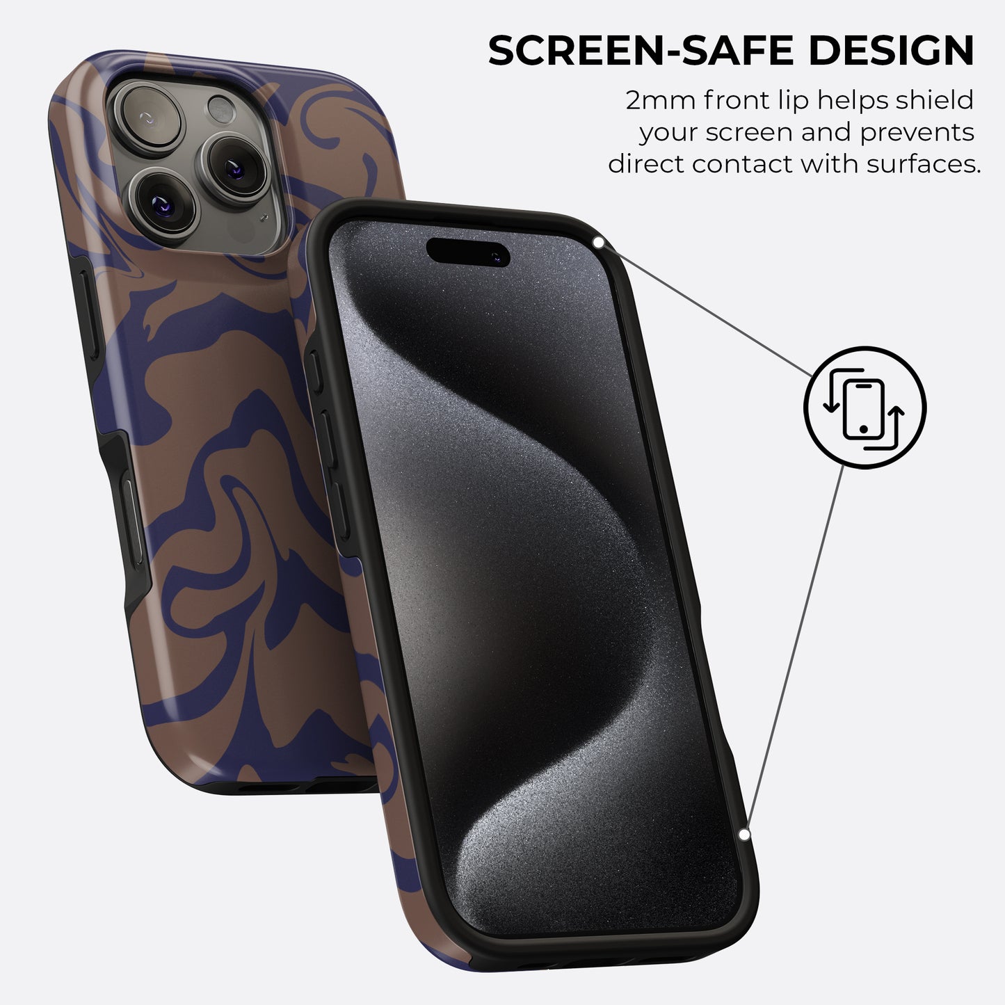 Brown and navy abstract tough phone case by HaloCovers featuring screen-safe design with raised front lip for extra display protection