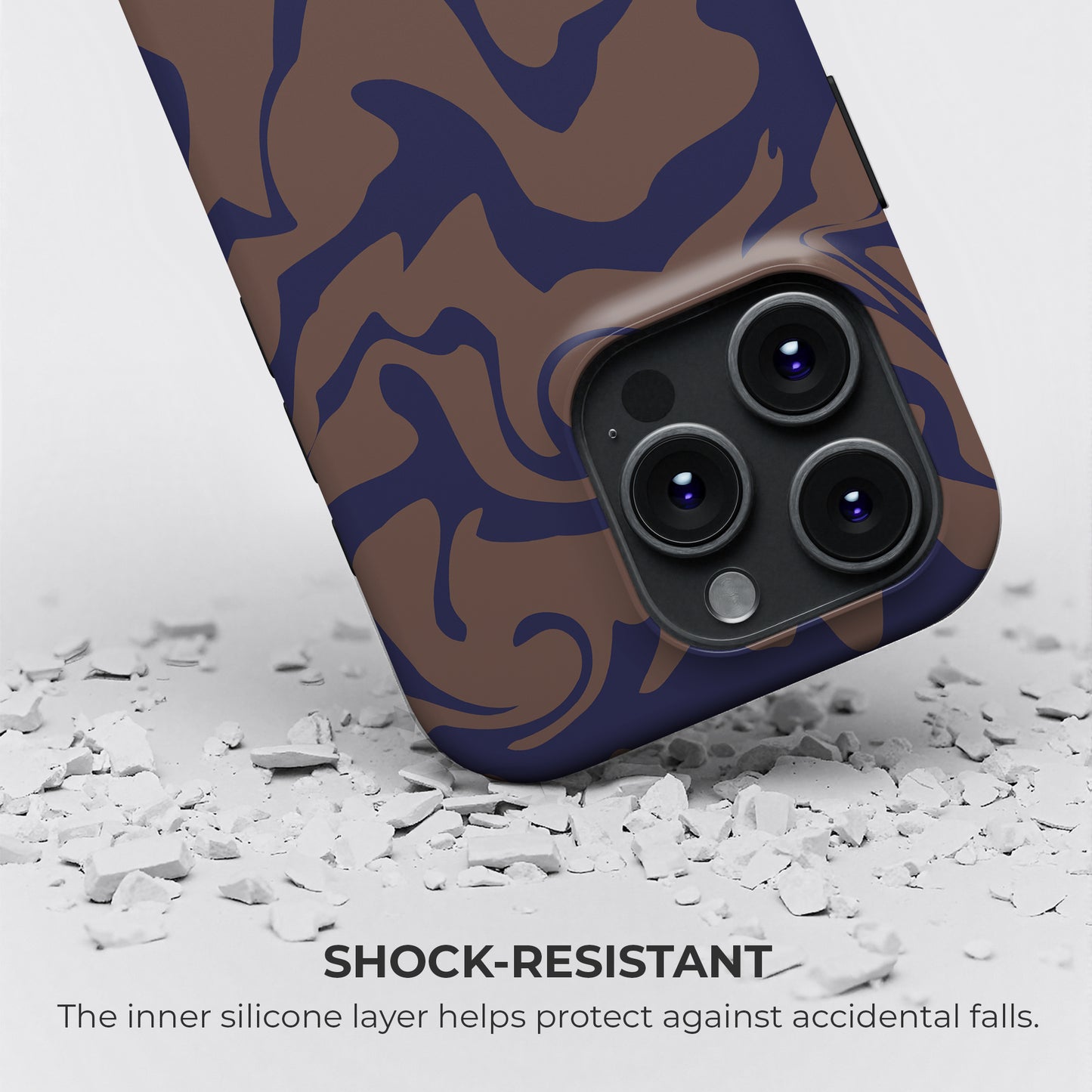 Brown and navy abstract tough phone case by HaloCovers showing shock-resistant design with silicone liner for drop protection