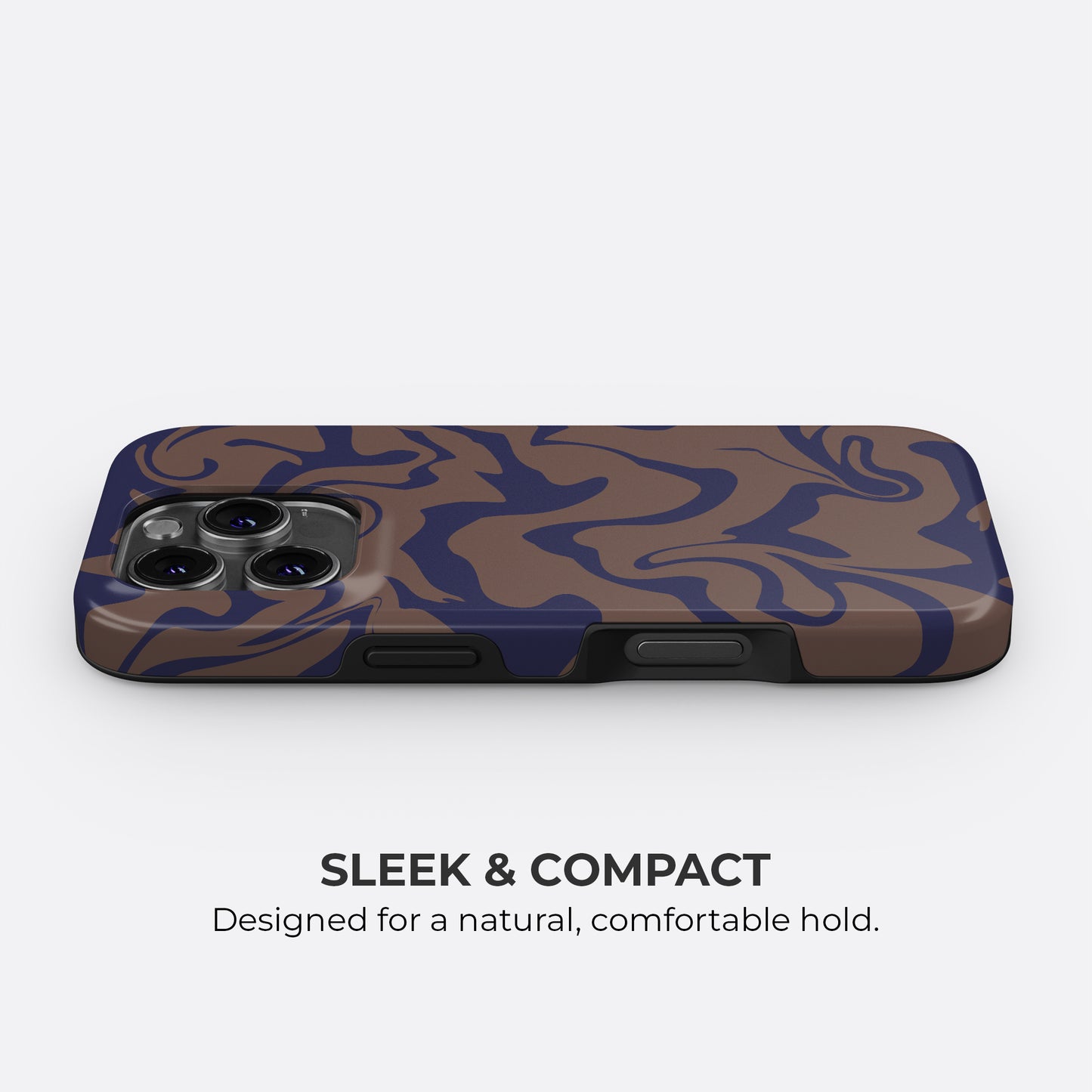 Brown and navy abstract tough phone case by HaloCovers shown in sleek and compact design for a comfortable natural hold
