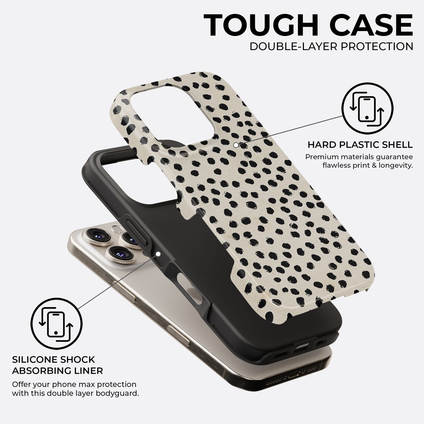 Dalmatian black dots iPhone MagSafe tough case with double-layer protection, hard plastic shell, and silicone shock absorbing liner