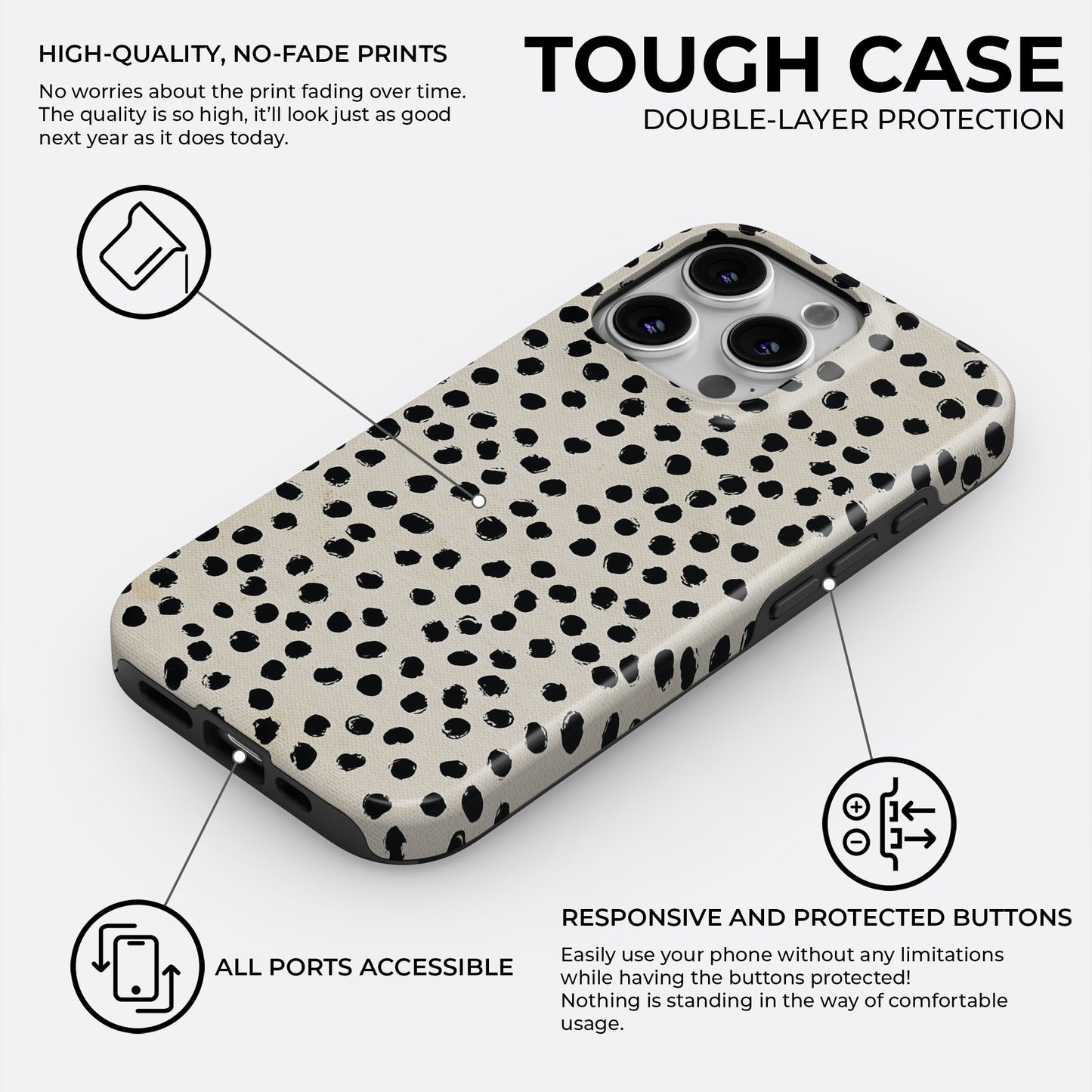 Dalmatian black dots iPhone tough case with double-layer protection, high-quality no-fade print, responsive buttons, and all ports accessible