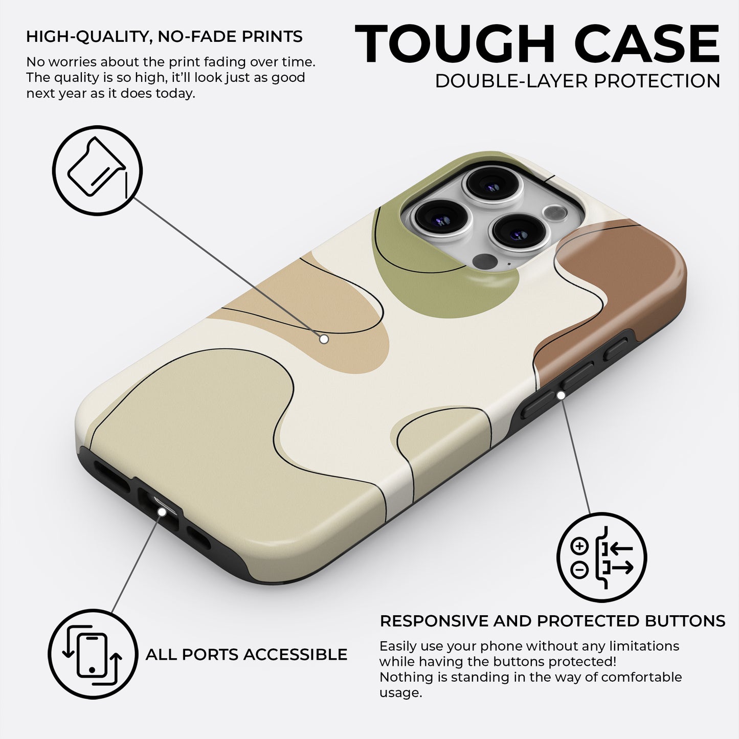 Earth tone abstract iPhone tough case with beige, brown and green design, double-layer protection and high-quality no-fade print by HaloCovers