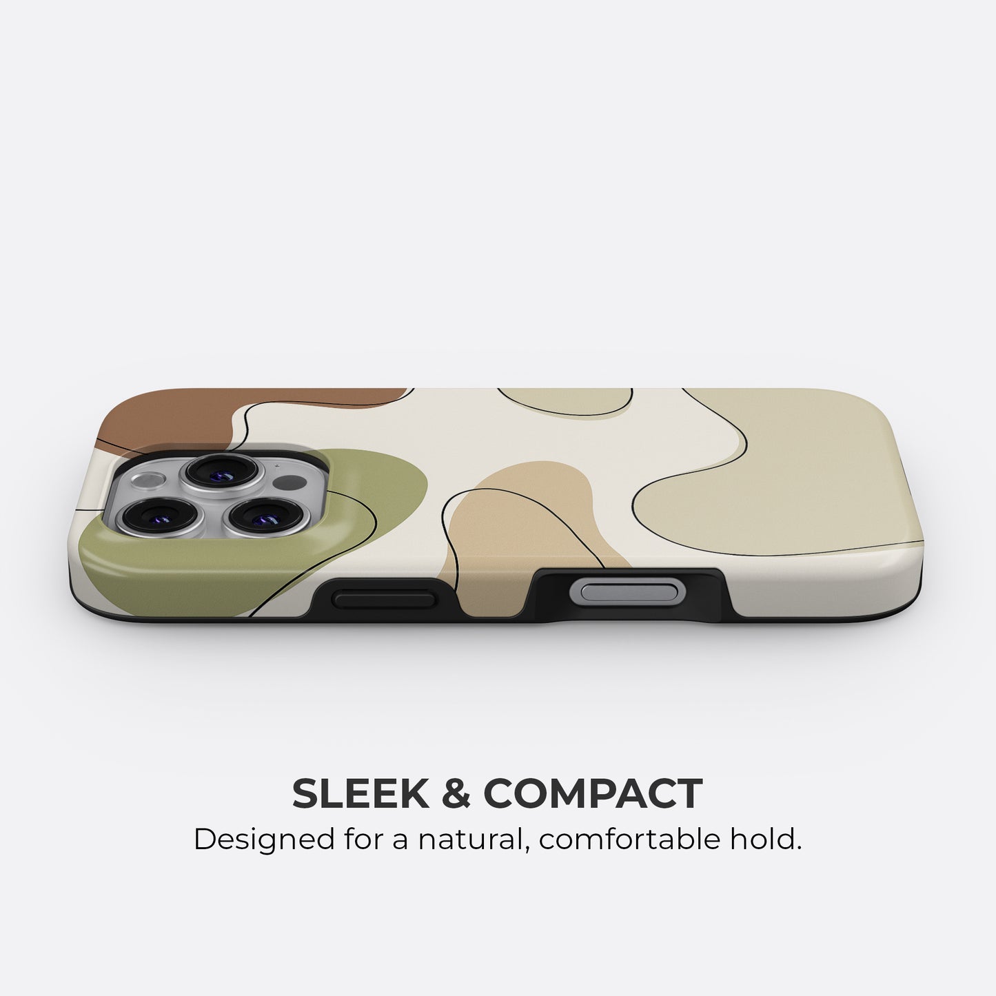 Slim and compact earth tone abstract iPhone tough case with beige, brown and green design, sleek profile for comfortable hold by HaloCovers