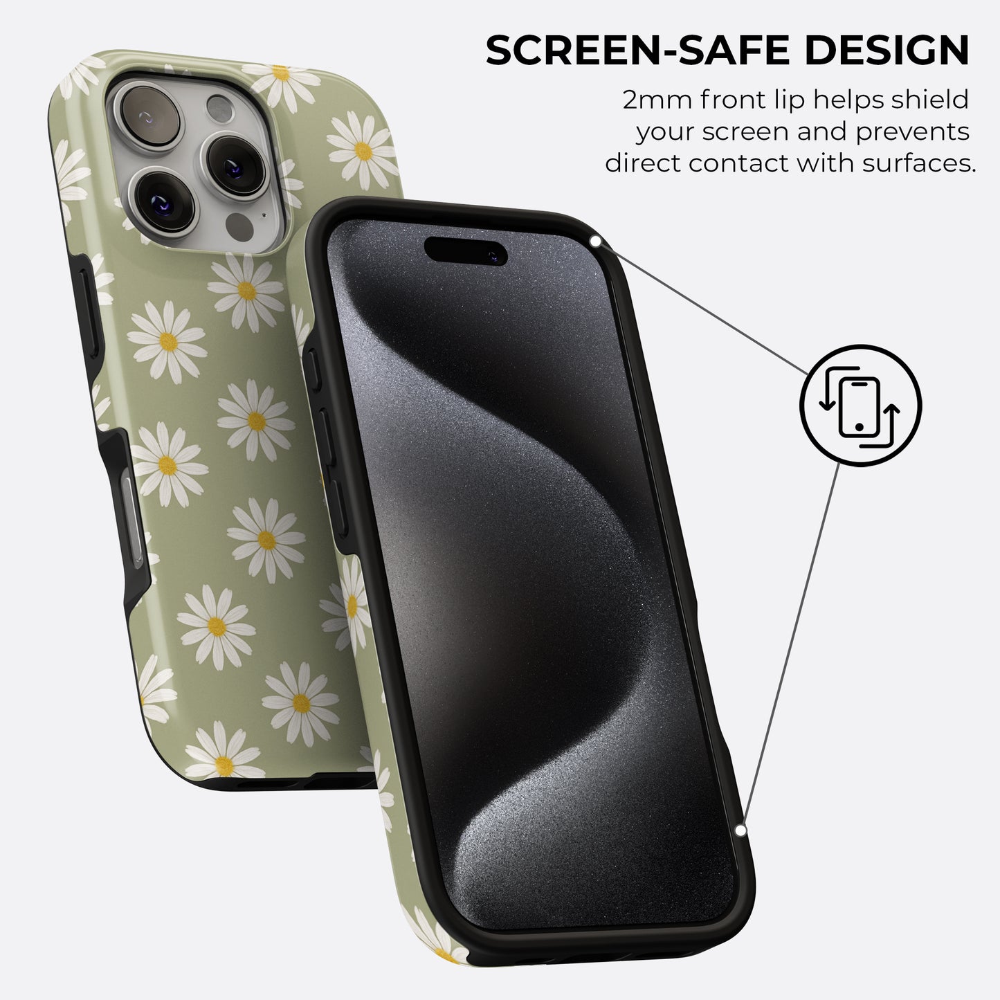 Green daisy MagSafe iPhone tough case with 2mm raised front lip for screen protection