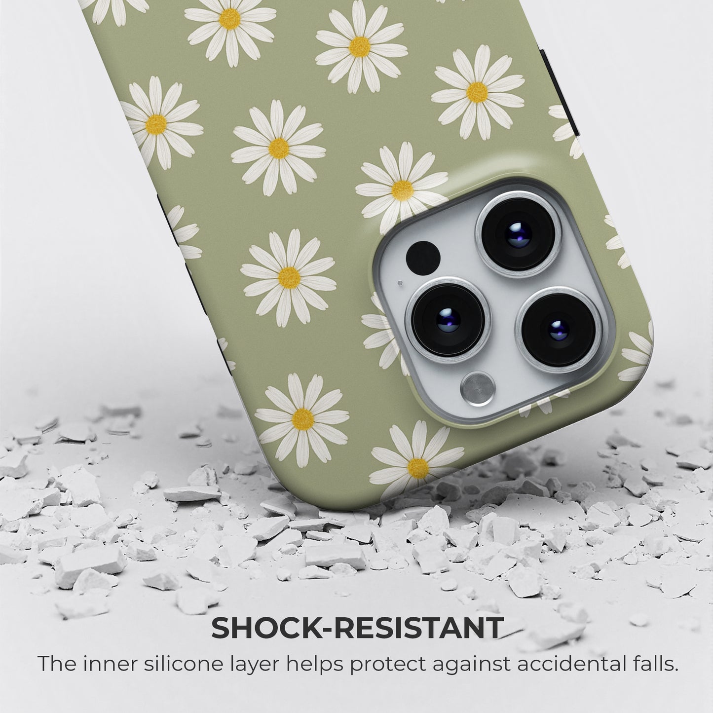 Green daisy MagSafe iPhone tough case with shock-resistant silicone liner for drop protection