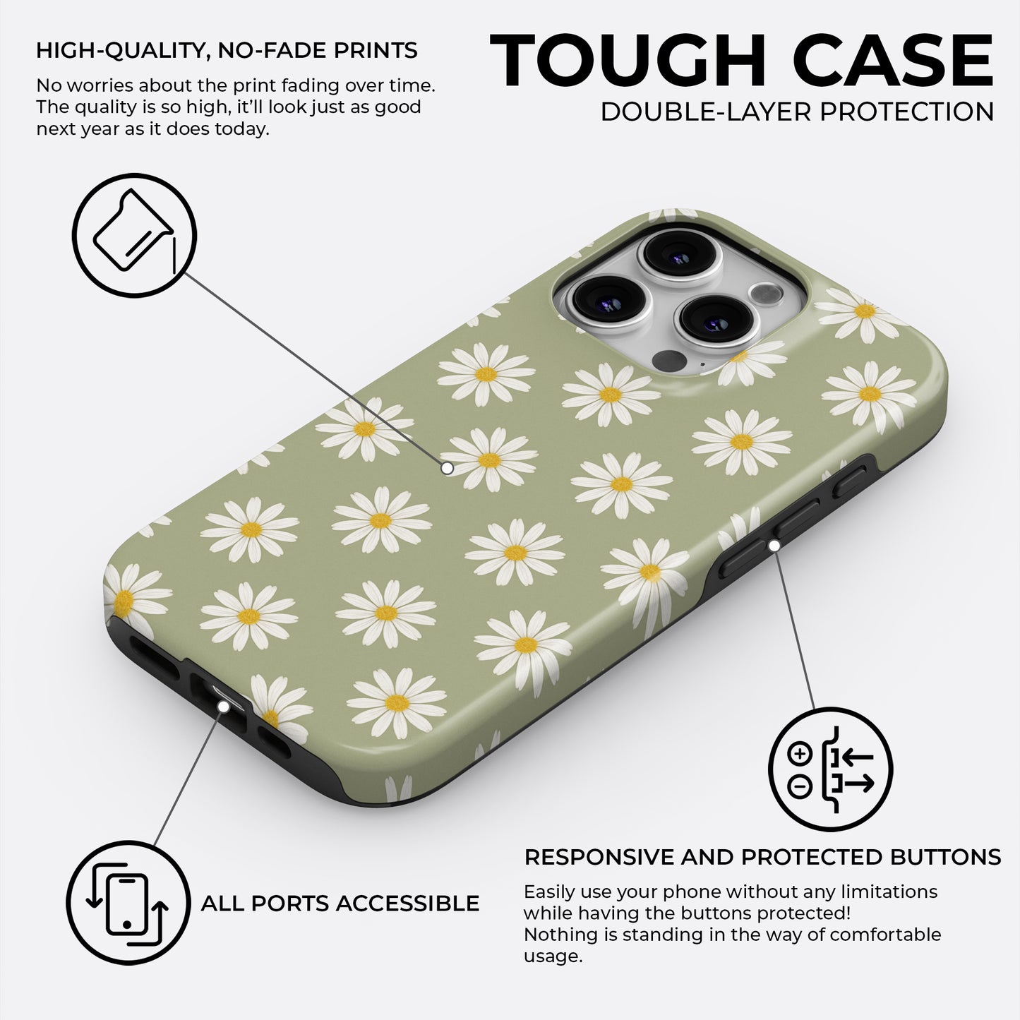 Green daisy iPhone tough case with double-layer protection and high-quality no-fade floral print